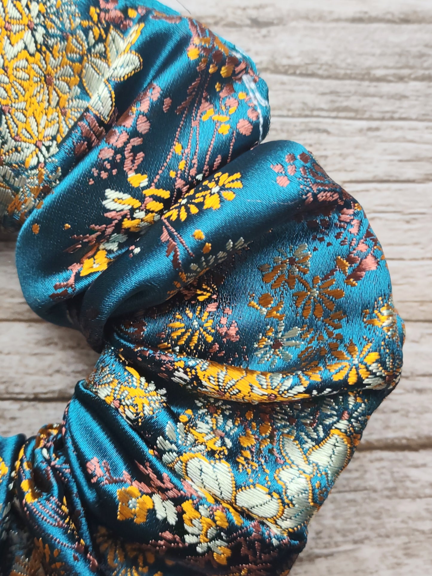 "Ocean Floral" Satin Brocade Teal Blue Floral Print Hair Scrunchie