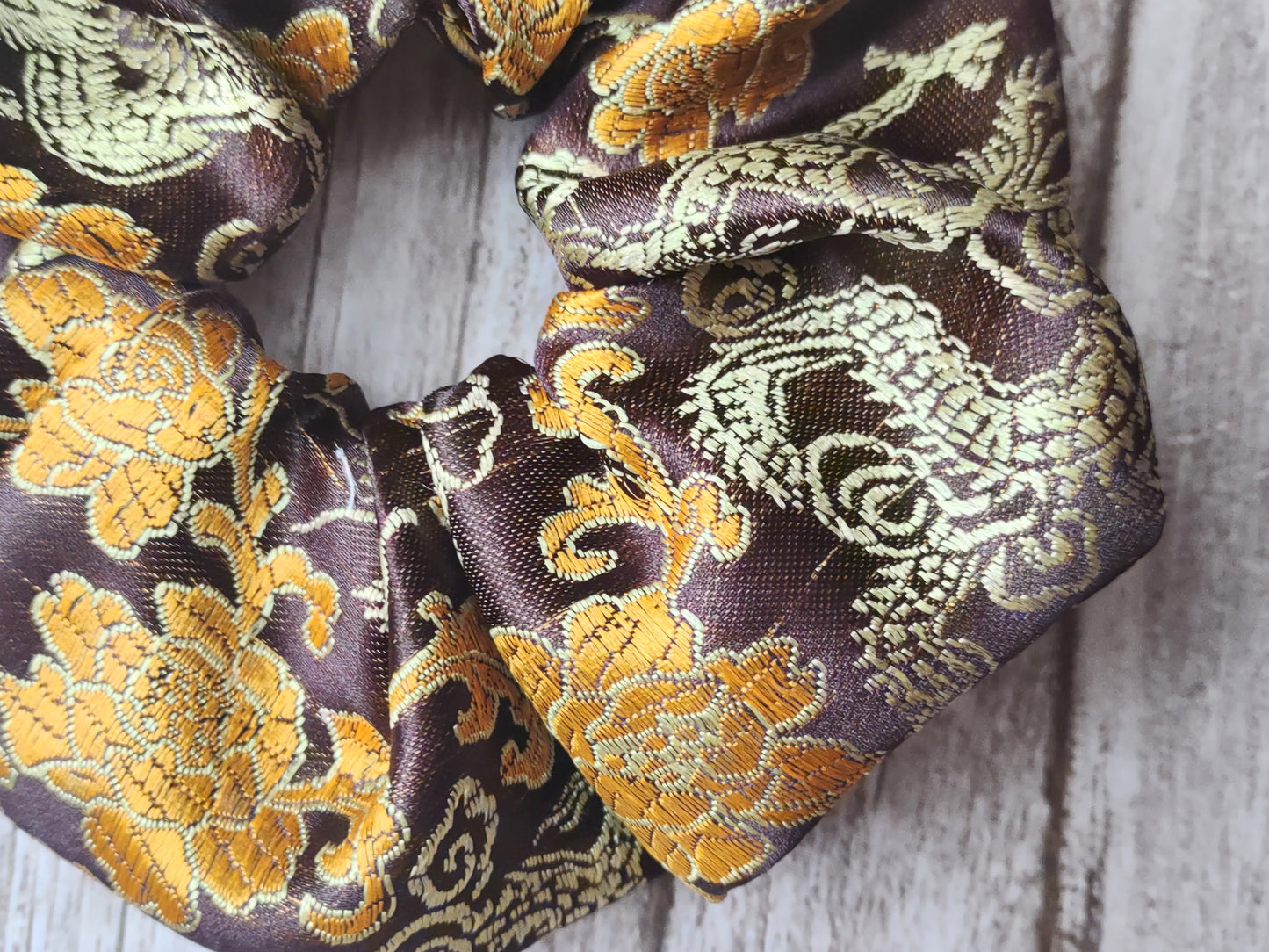 "Tiger's Eye Dragon" Satin Brocade Brown and Gold Dragon Print Hair Scrunchie
