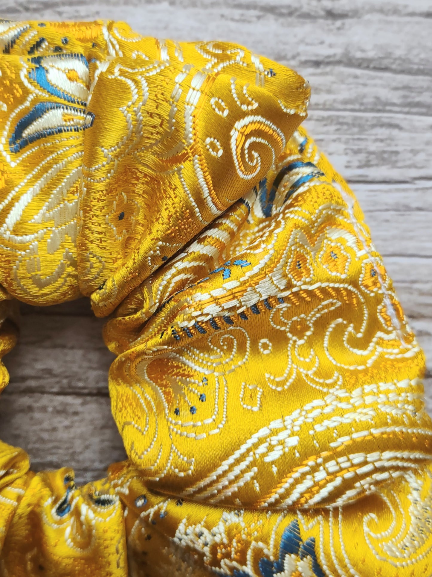 "Sunny Paisley" Satin Brocade Yellow Paisley Print Hair Scrunchie