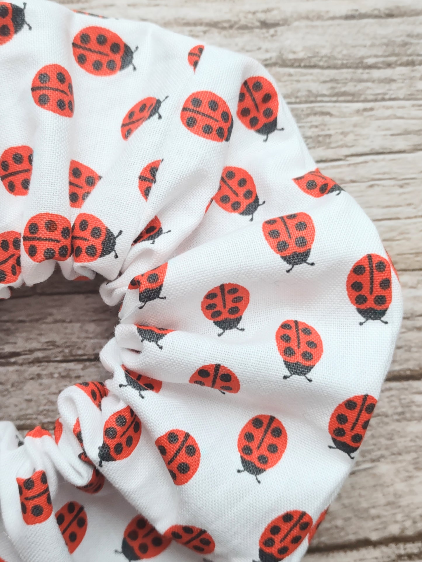 "Lady Bugs" White Cotton Ladybug Print Hair Scrunchie