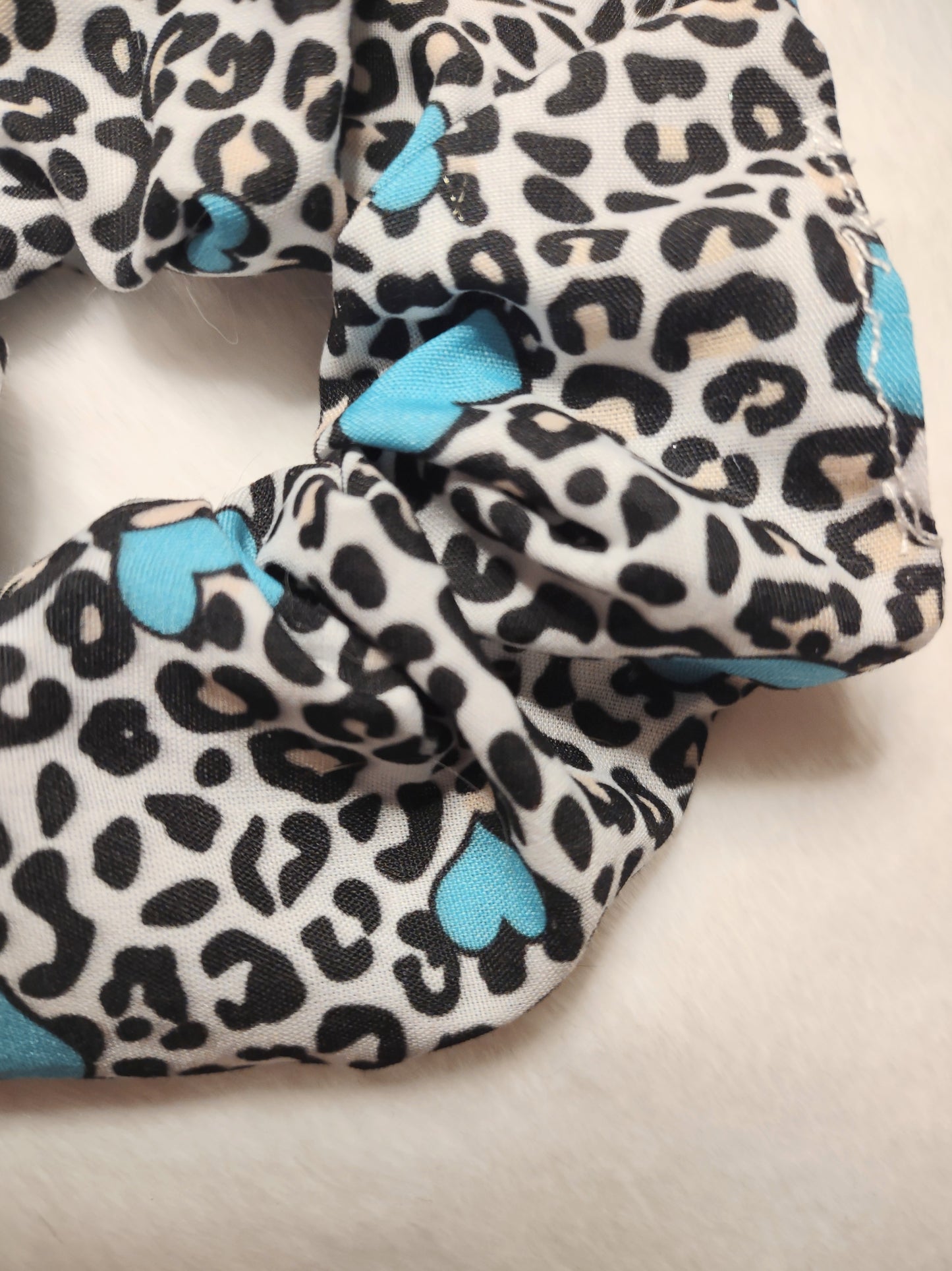 "Leopard Hearts" White Cotton Leopard Print Hair Scrunchie