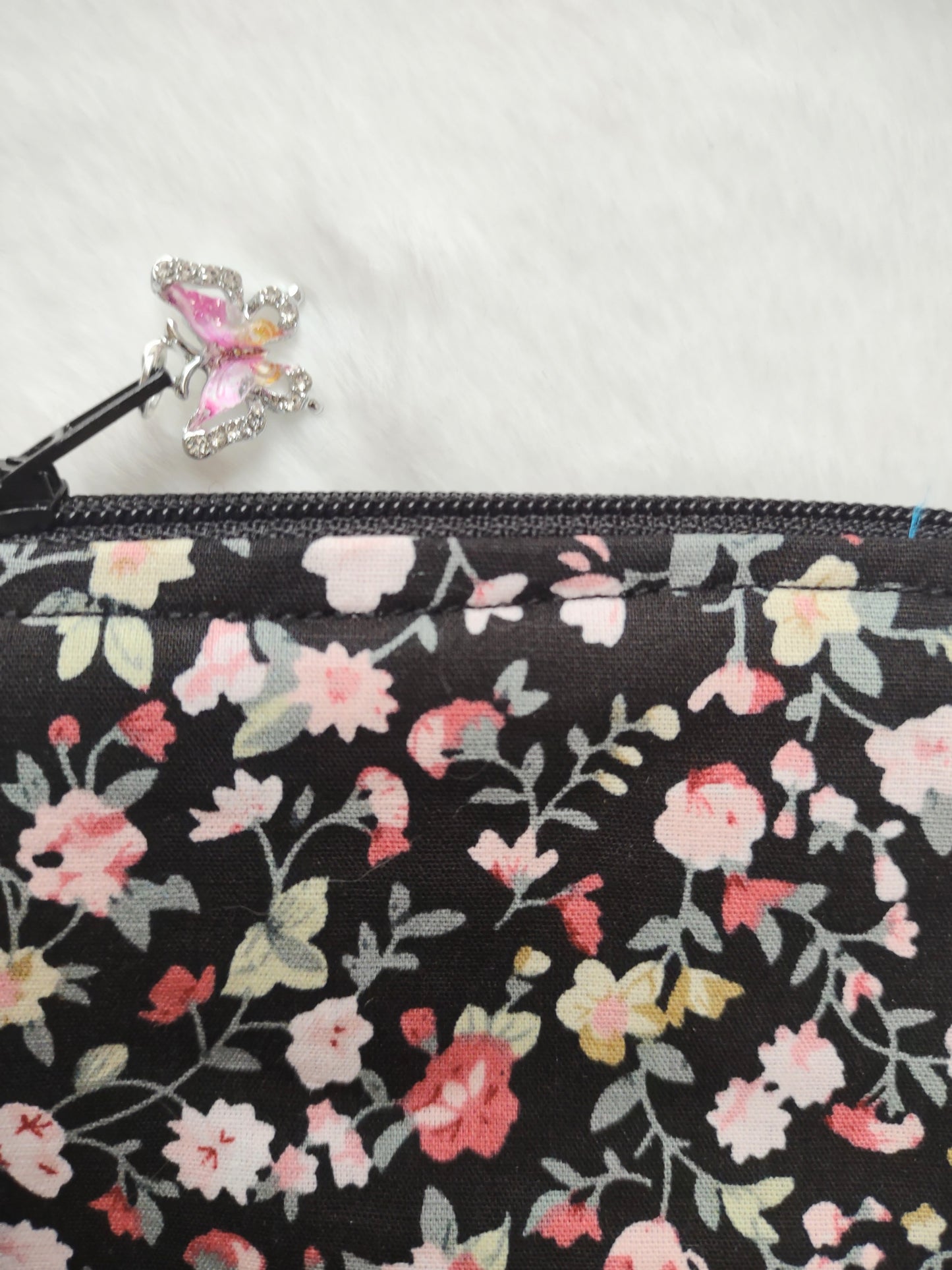 "Flower Garden" Black Cotton Floral Print Keychain Coin Purse