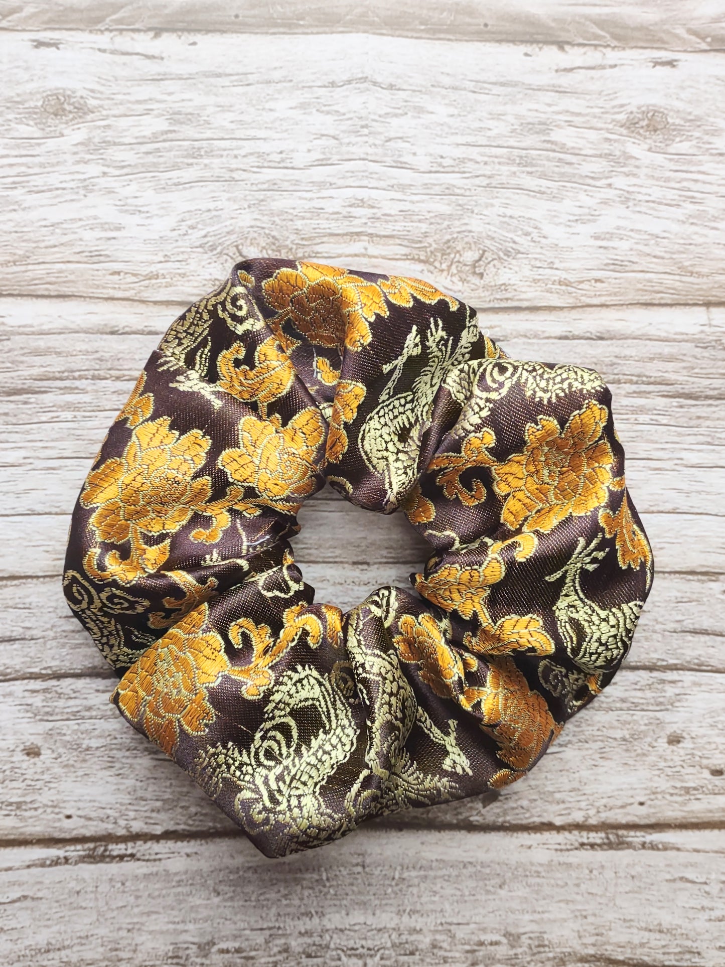 "Tiger's Eye Dragon" Satin Brocade Brown and Gold Dragon Print Hair Scrunchie
