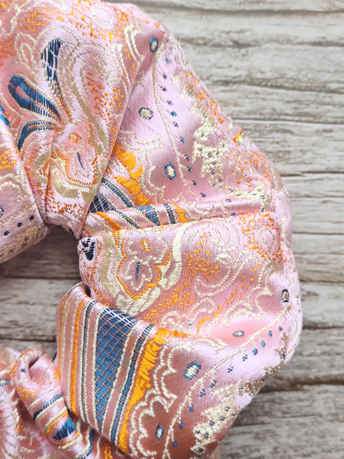 "Pastel Paisley" Satin Brocade Light Pink Paisley Print Hair Scrunchie