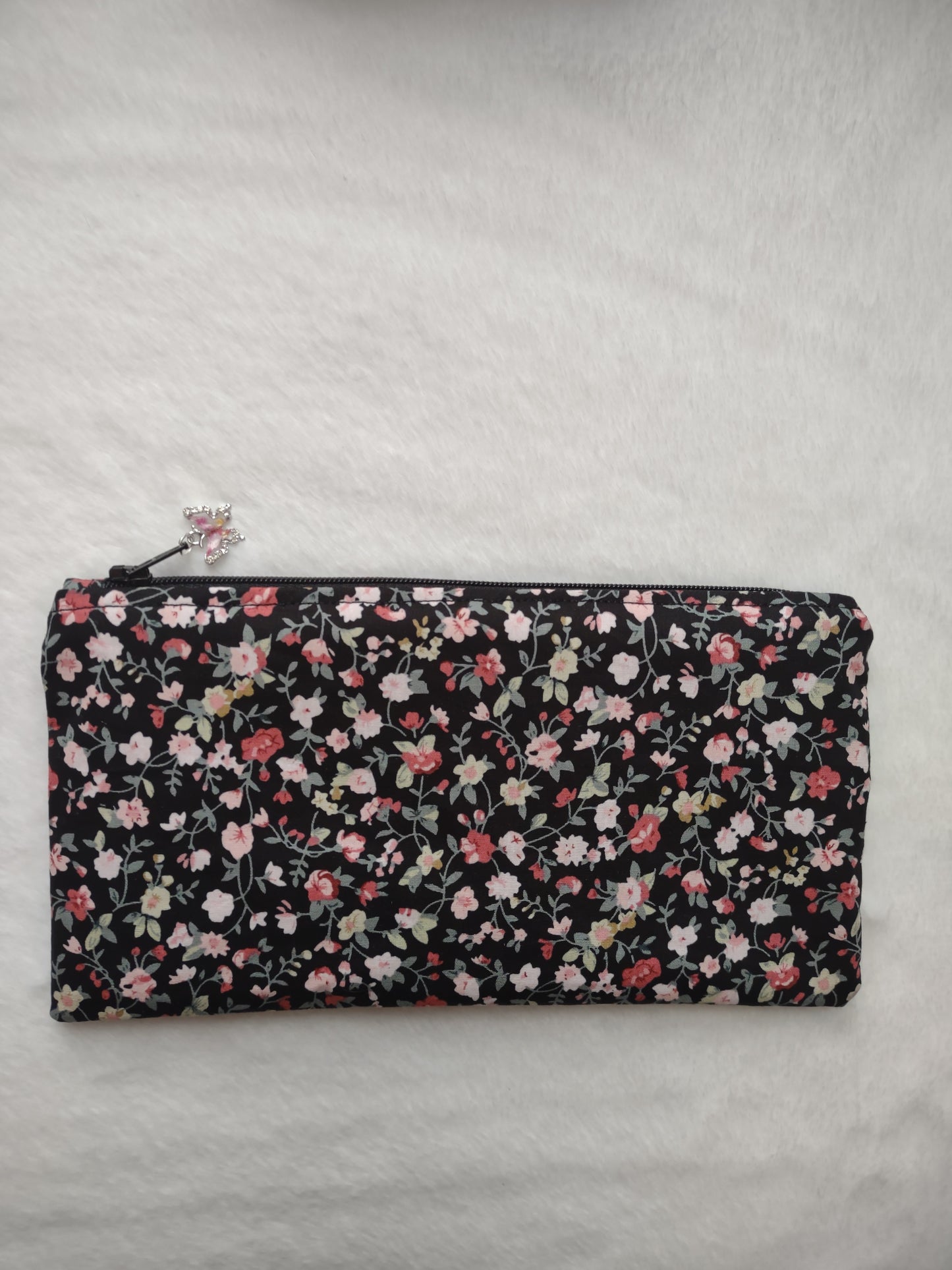 "Flower Garden" Black Cotton Floral Print Makeup Bag