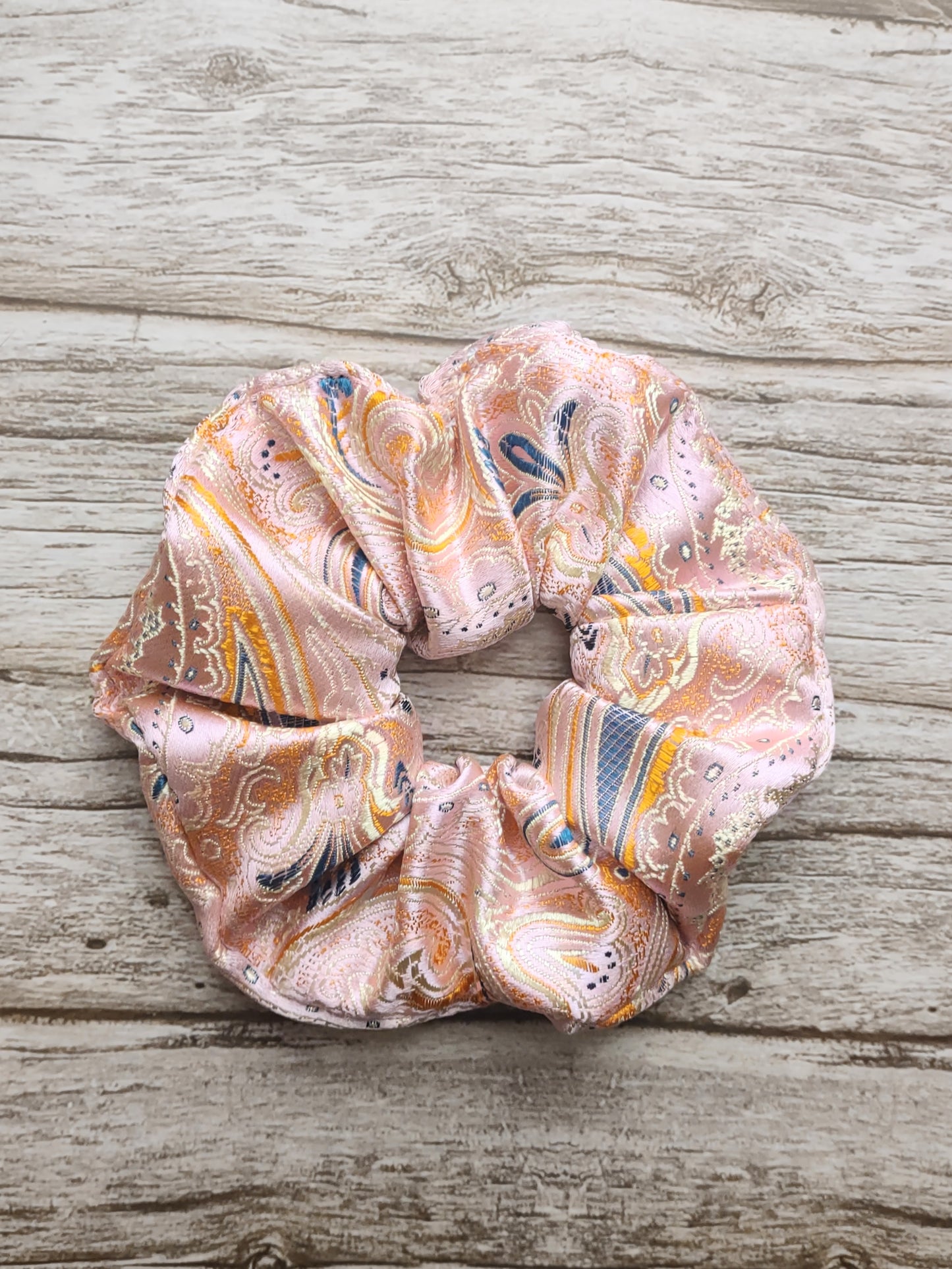 "Pastel Paisley" Satin Brocade Light Pink Paisley Print Hair Scrunchie