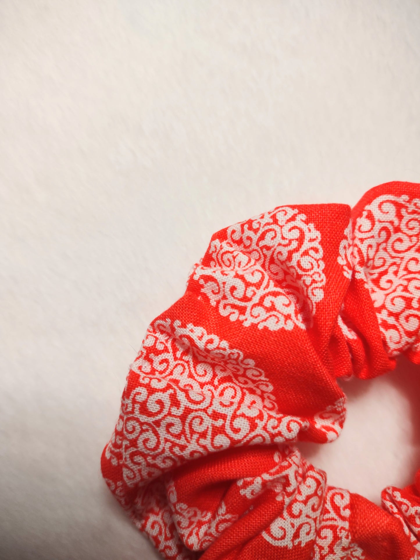 "Heart Scrolls" Red and White Hair Scrunchie