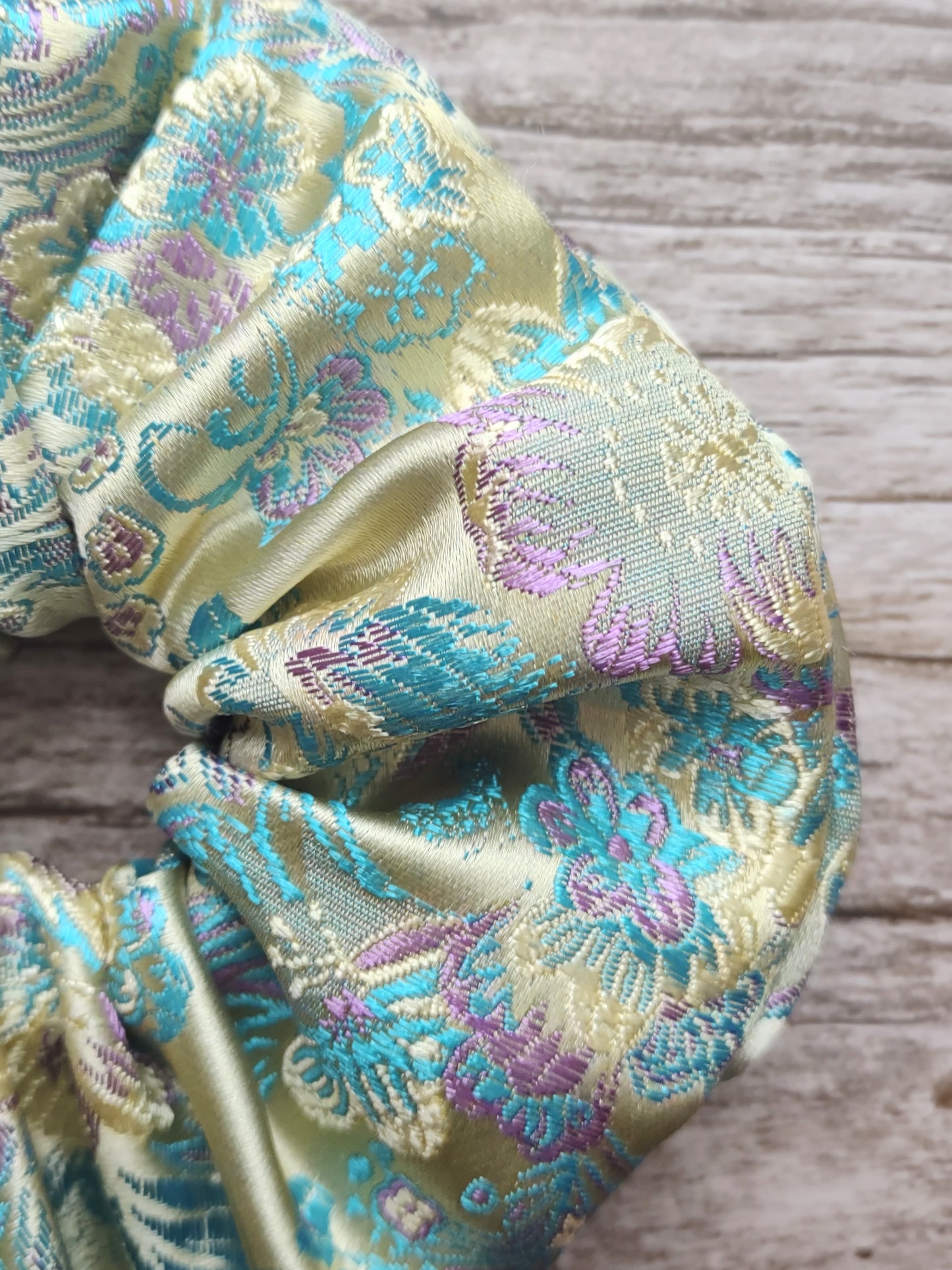 "Sunny Floral" Satin Brocade Light Yellow Floral Print Hair Scrunchie