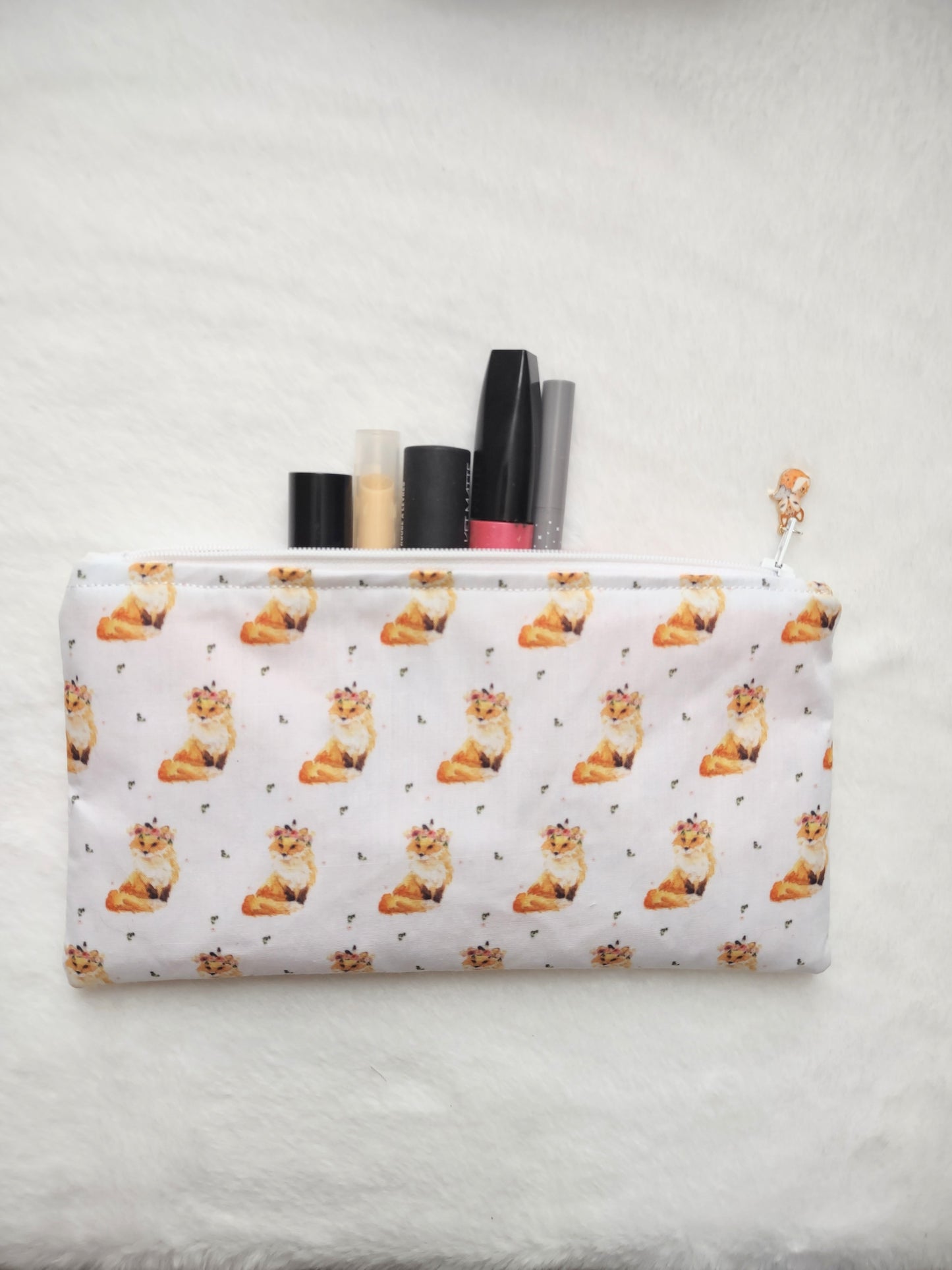 "Foxy Spring" White Cotton Fox Print Makeup Bag