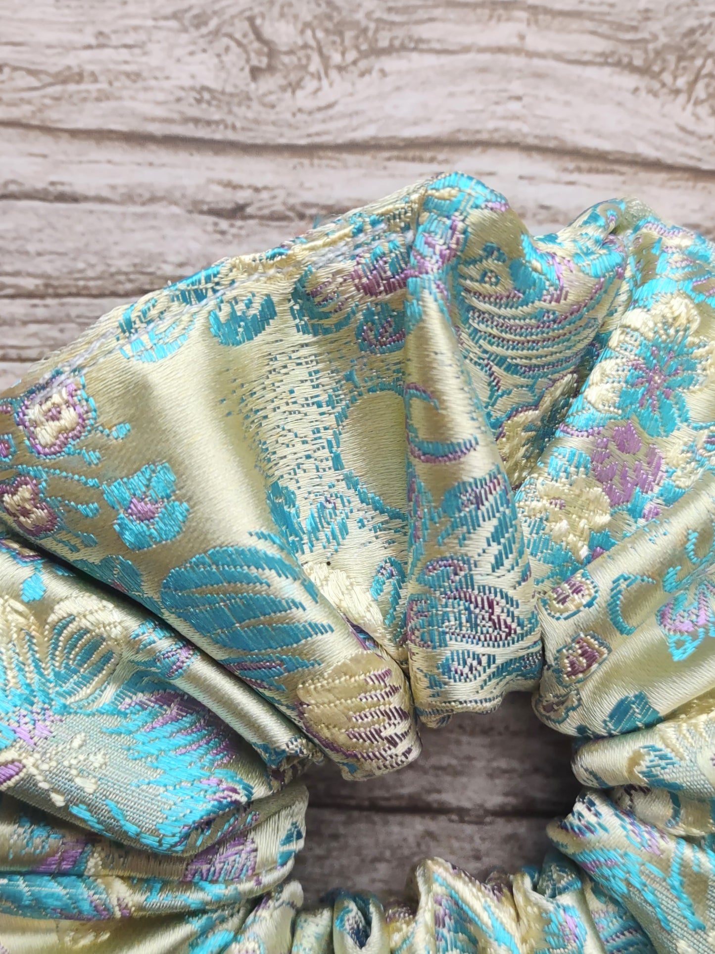 "Sunny Floral" Satin Brocade Light Yellow Floral Print Hair Scrunchie
