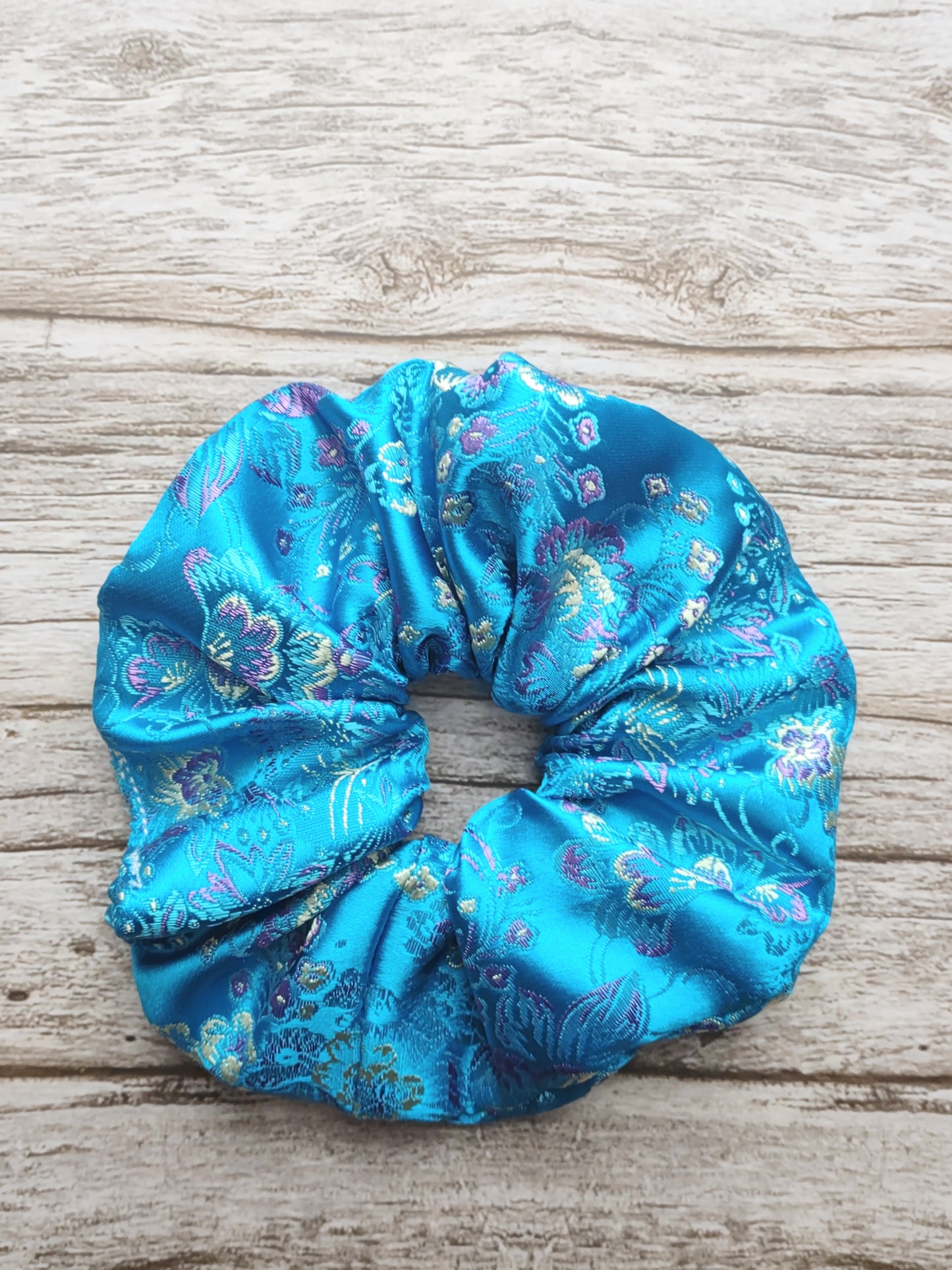 "Clear Skies Floral" Satin Brocade Teal Blue Floral Print Hair Scrunchie