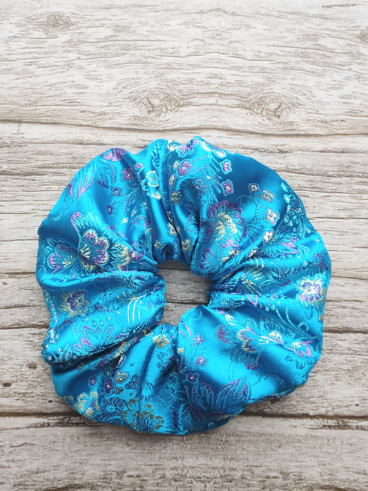 "Clear Skies Floral" Satin Brocade Teal Blue Floral Print Hair Scrunchie