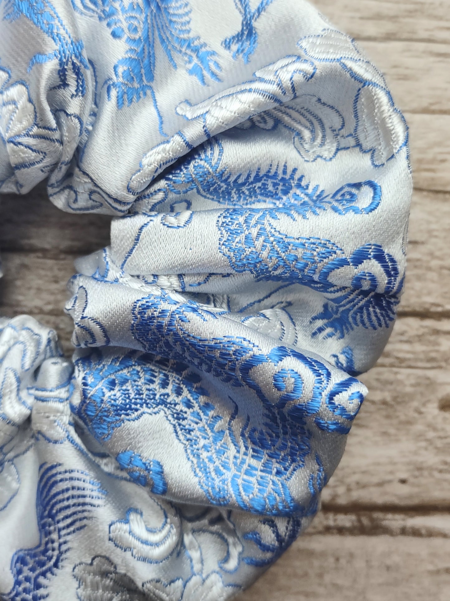 "Stormy Skies Dragon" Satin Brocade Silver and Light Blue Dragon Print Hair Scrunchie