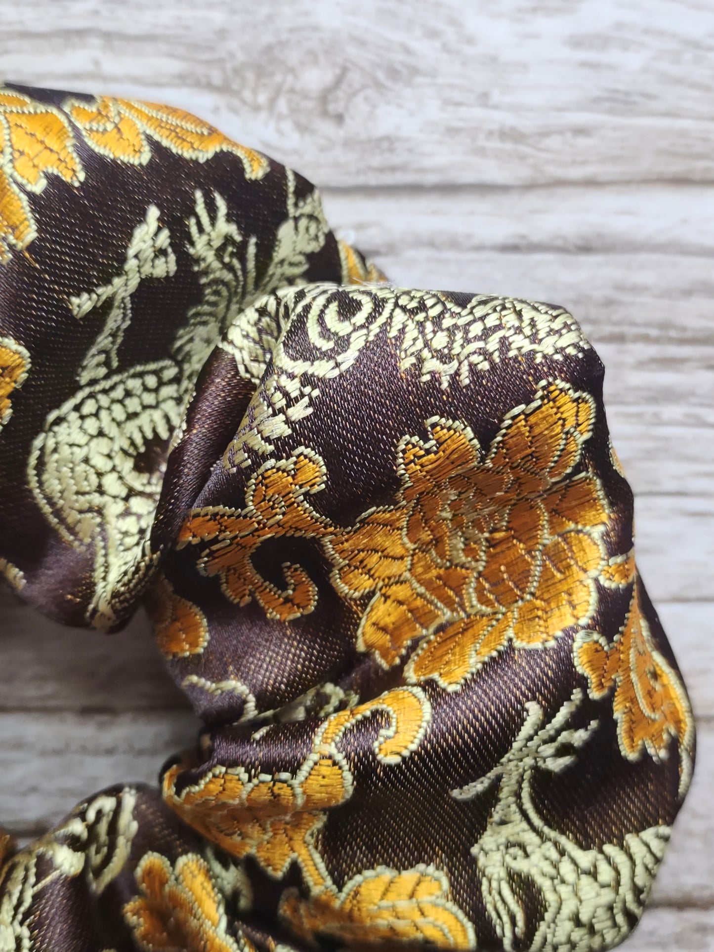 "Tiger's Eye Dragon" Satin Brocade Brown and Gold Dragon Print Hair Scrunchie
