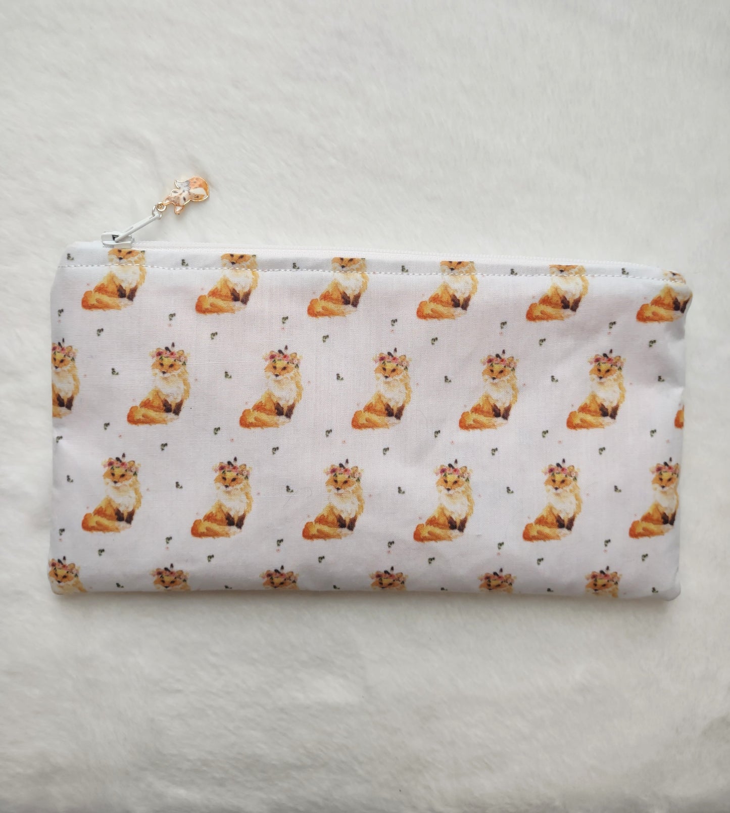 "Foxy Spring" White Cotton Fox Print Makeup Bag