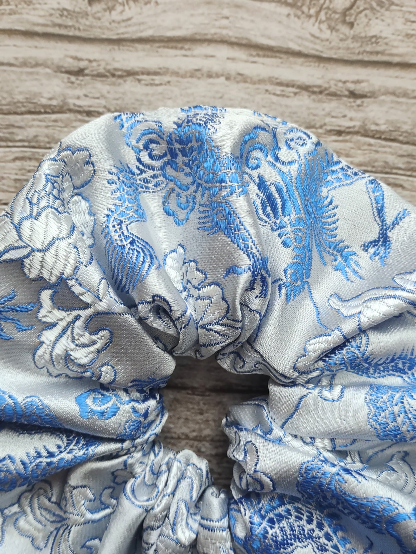 "Stormy Skies Dragon" Satin Brocade Silver and Light Blue Dragon Print Hair Scrunchie