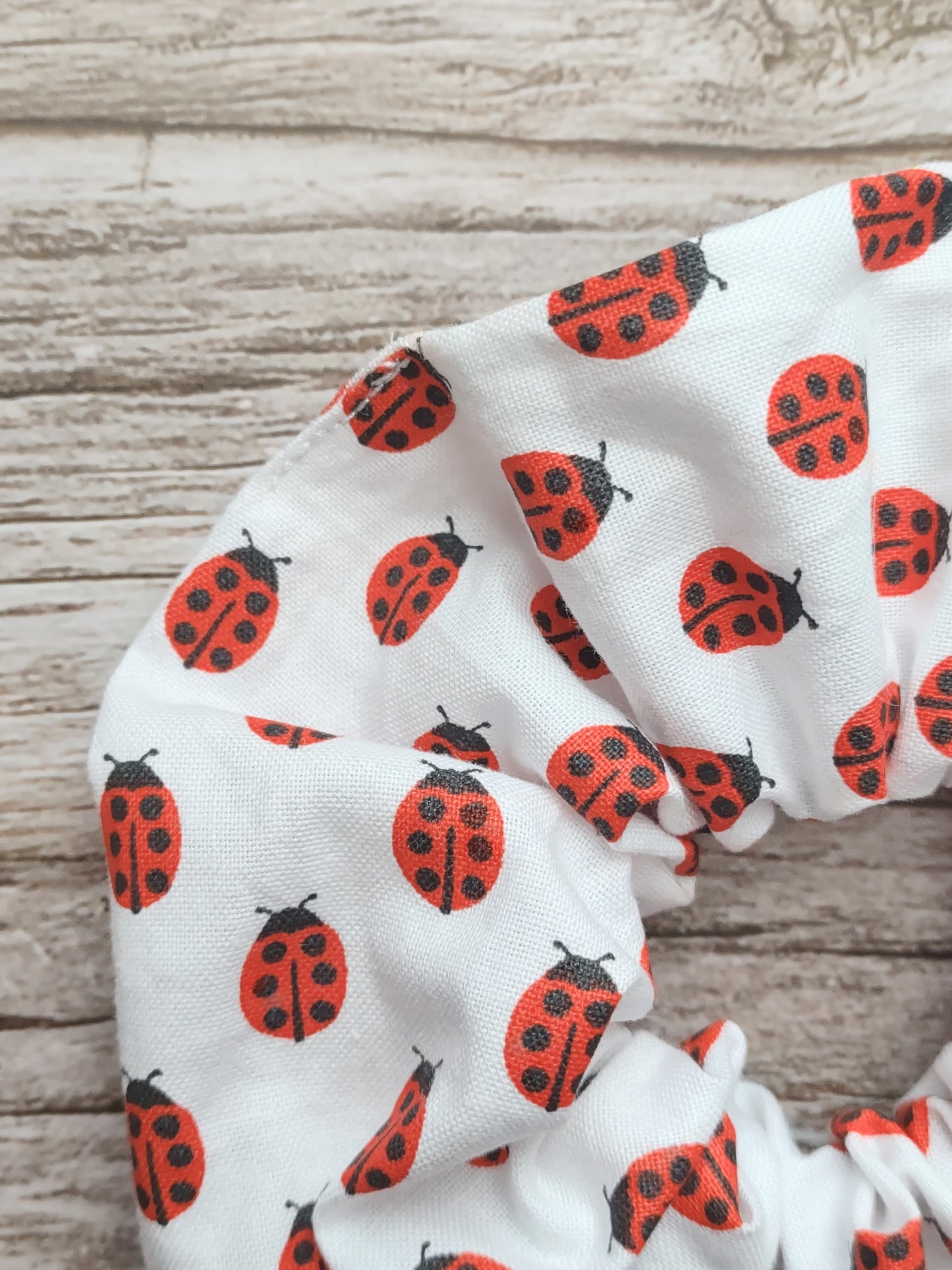 "Lady Bugs" White Cotton Ladybug Print Hair Scrunchie