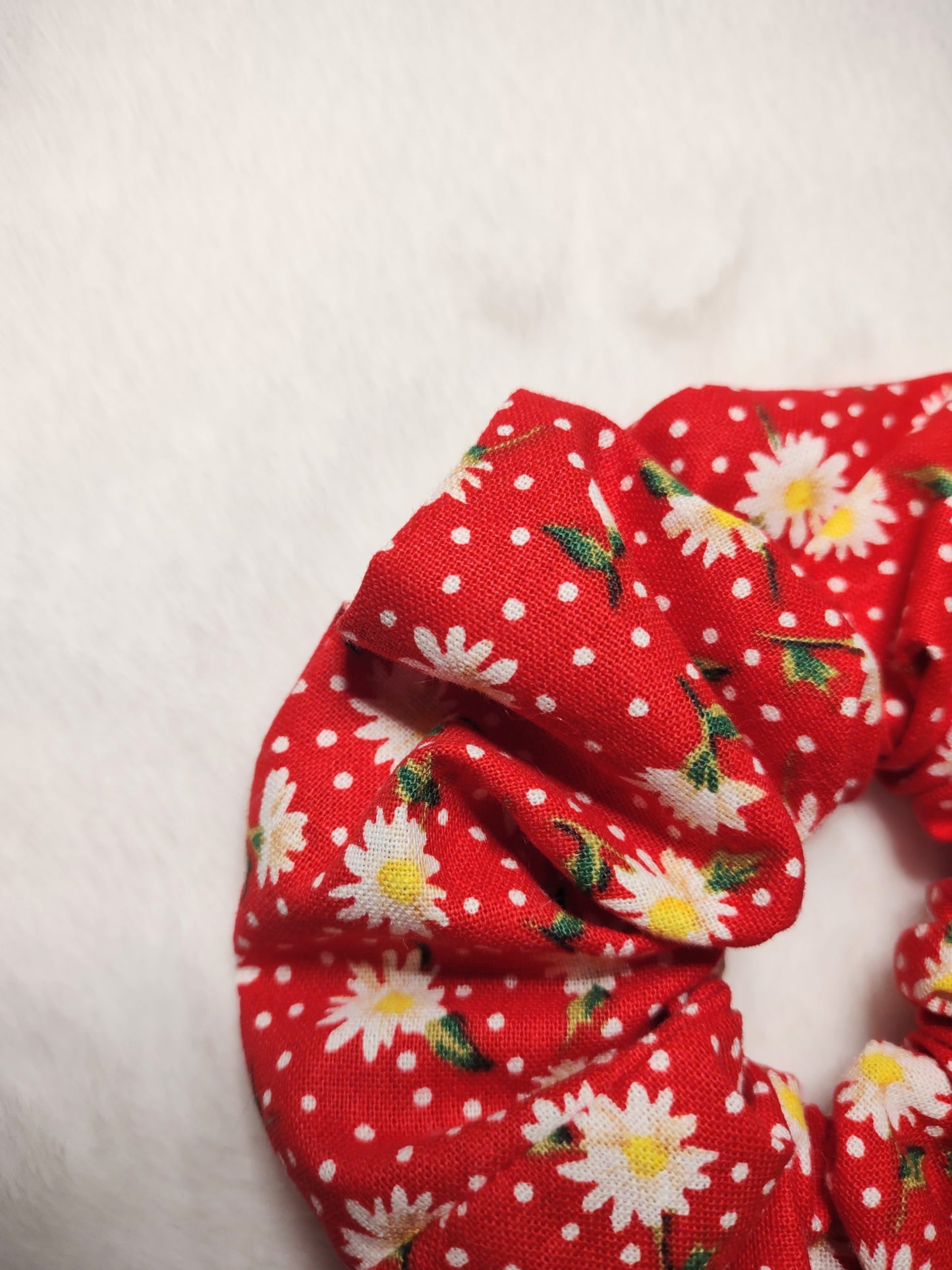 "Spring Daisies" Red Cotton Hair Scrunchie (Limited)