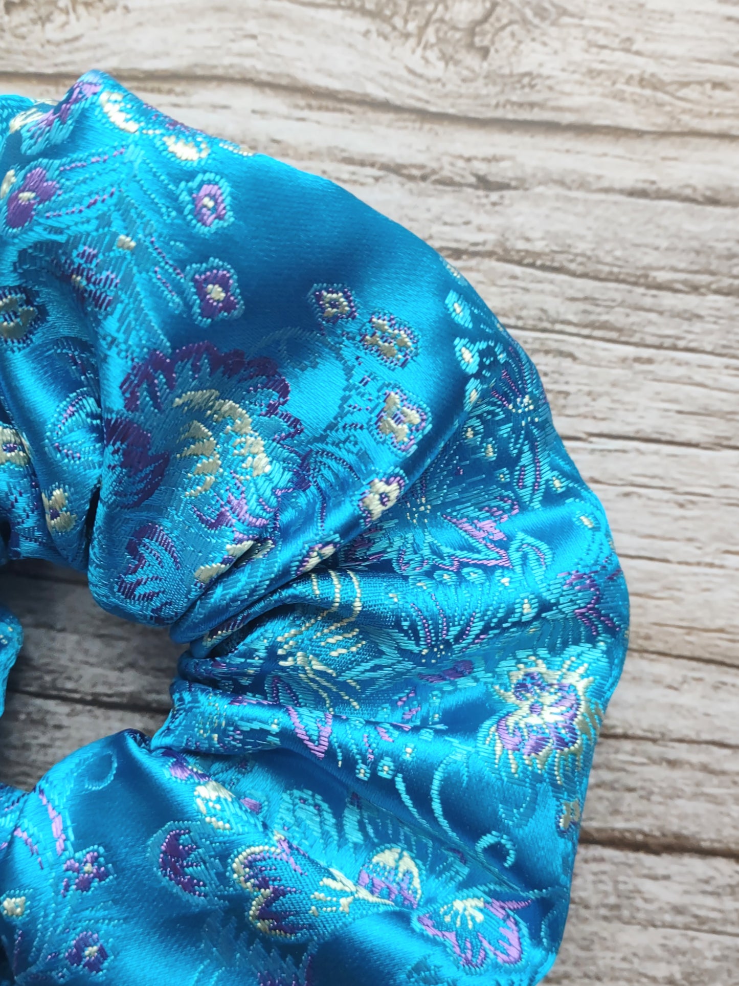 "Clear Skies Floral" Satin Brocade Teal Blue Floral Print Hair Scrunchie