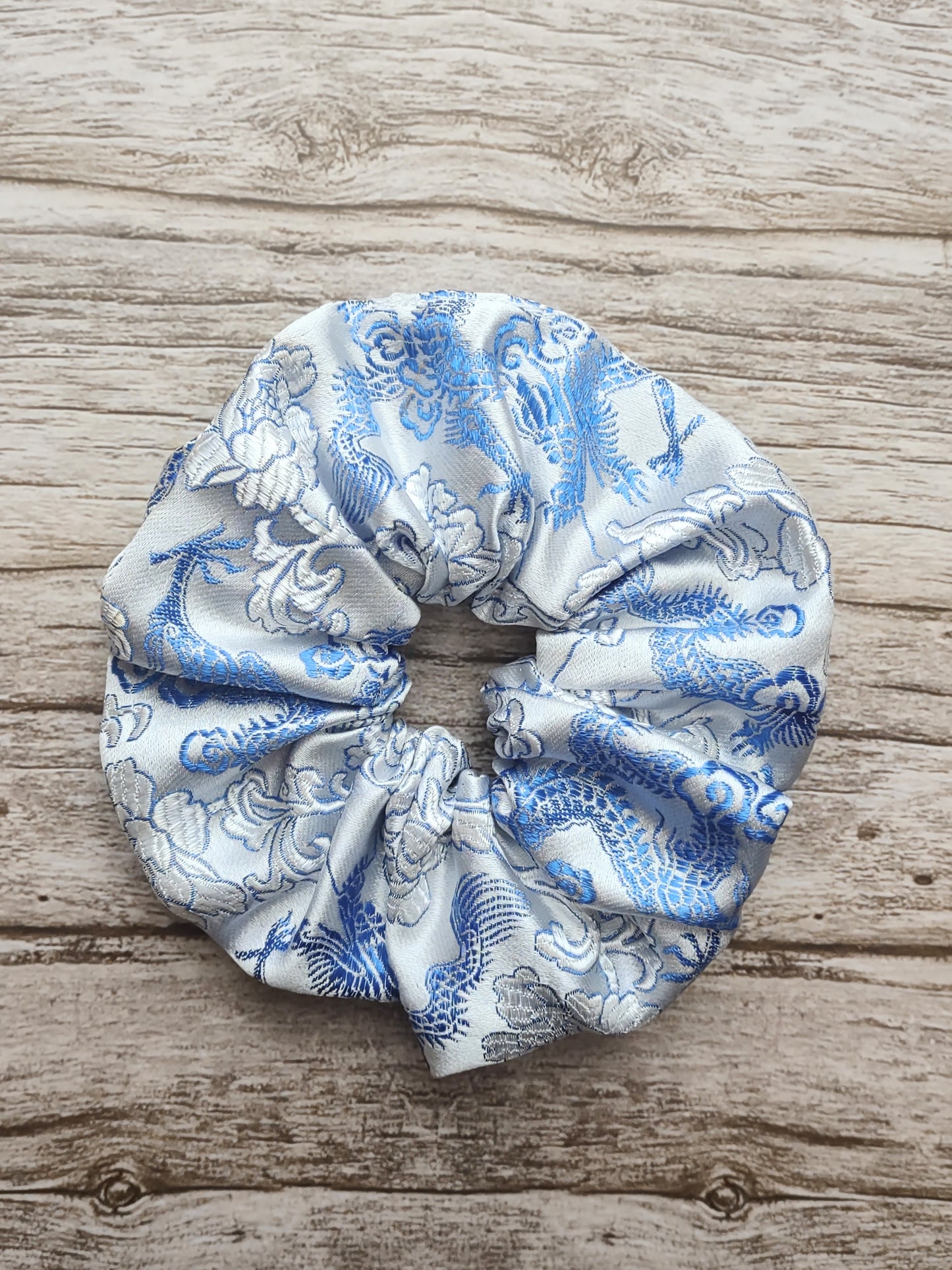 "Stormy Skies Dragon" Satin Brocade Silver and Light Blue Dragon Print Hair Scrunchie