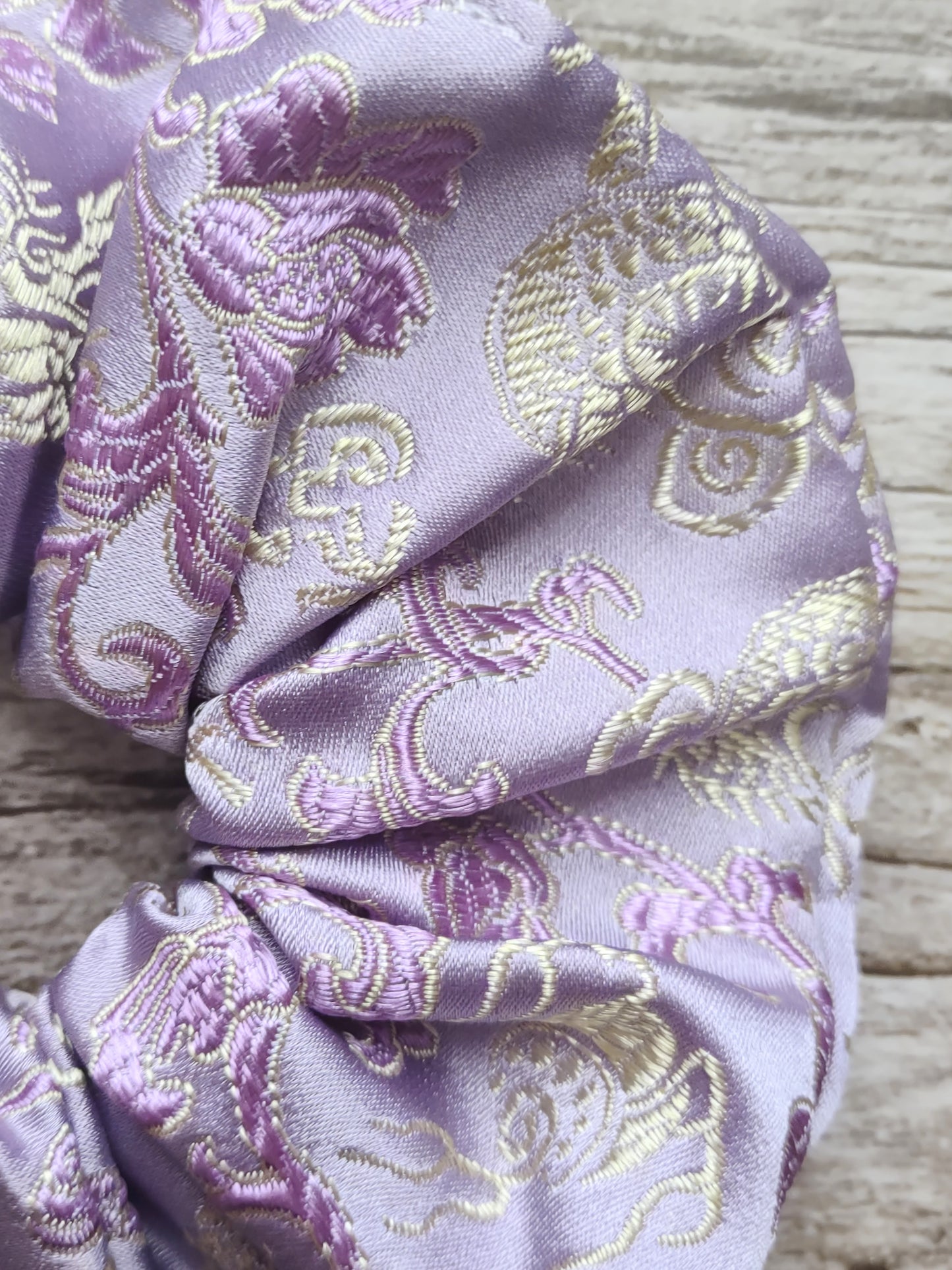 "Amethyst Dragon" Satin Brocade Lilac Purple Drogon Print Hair Scrunchie