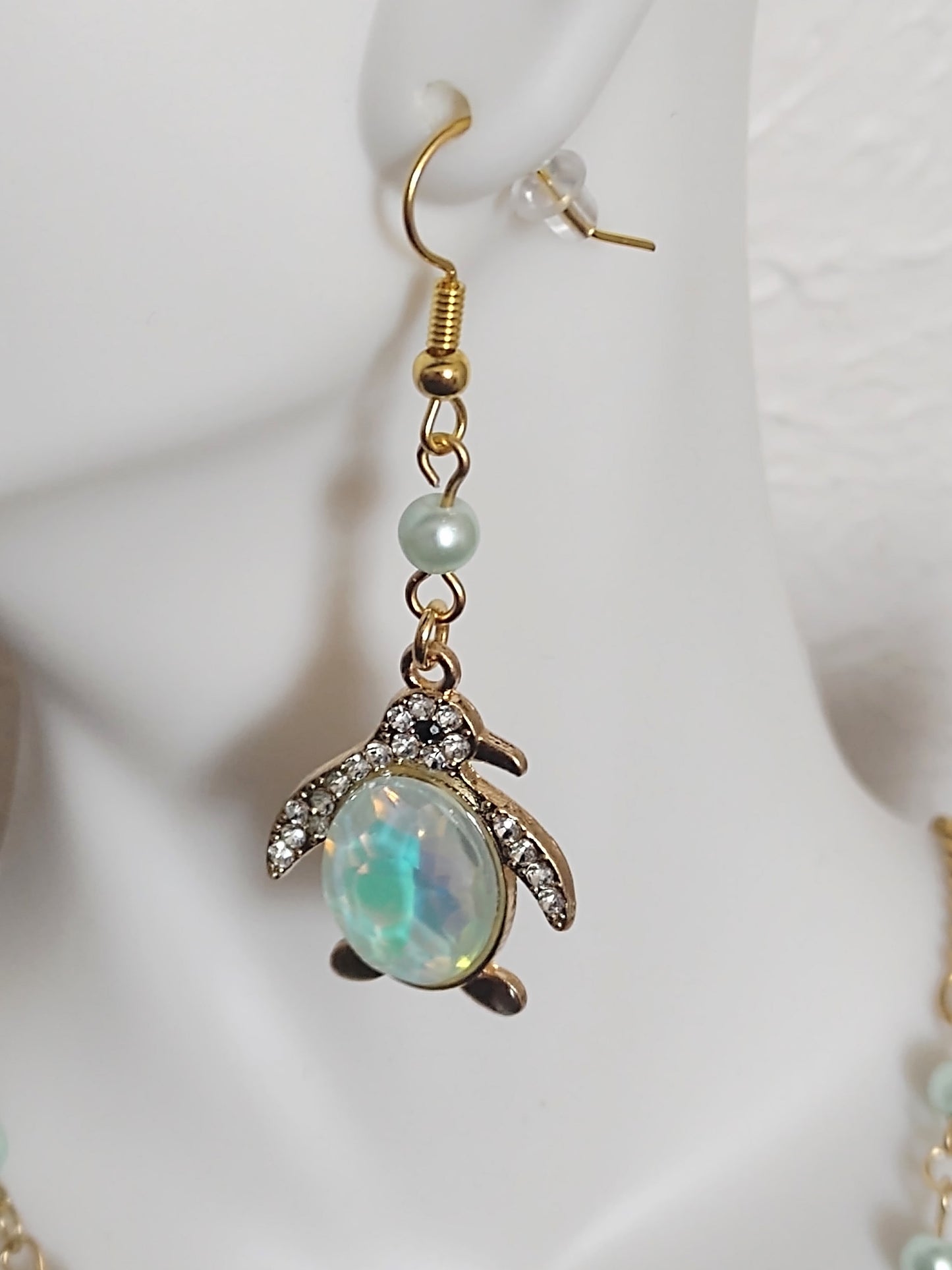 "Winter Mint" Gold Stainless Steel Penguin Earrings