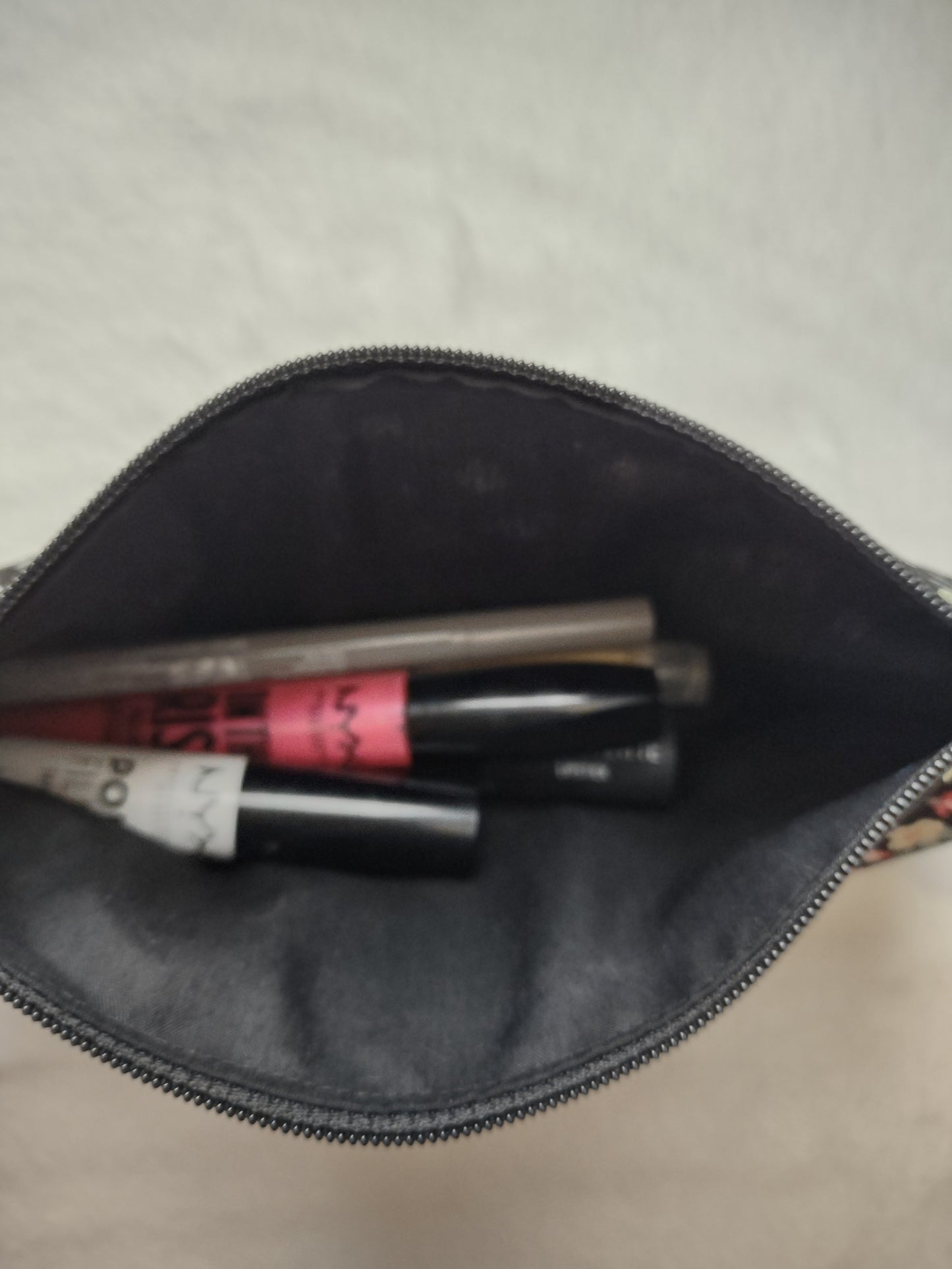 "Flower Garden" Black Cotton Floral Print Makeup Bag