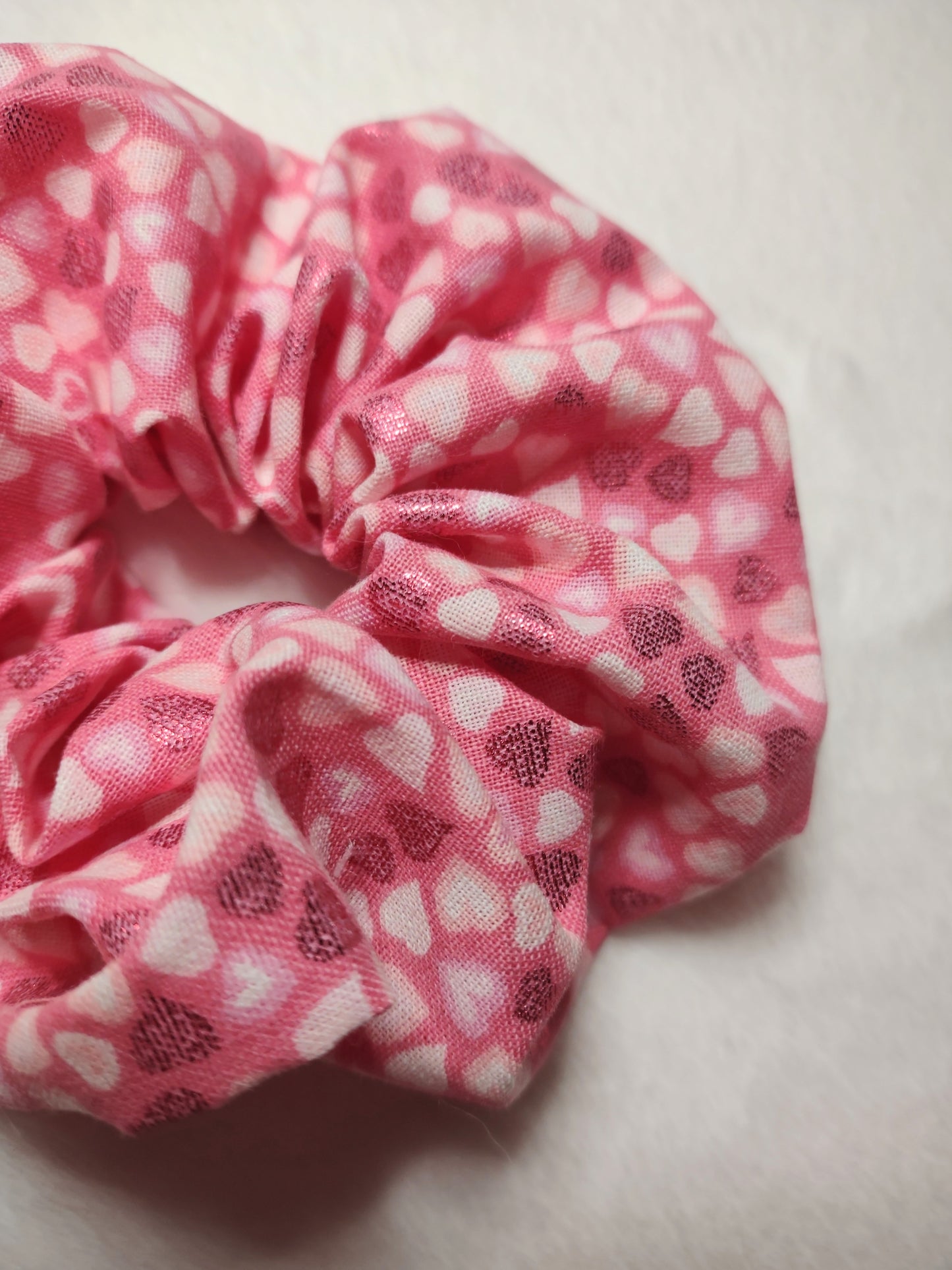 "Metallic Hearts" Pink Cotton Heart Print Hair Scrunchie (Limited)