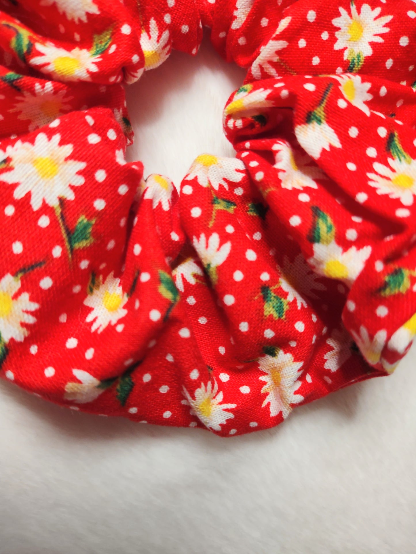 "Spring Daisies" Red Cotton Hair Scrunchie (Limited)