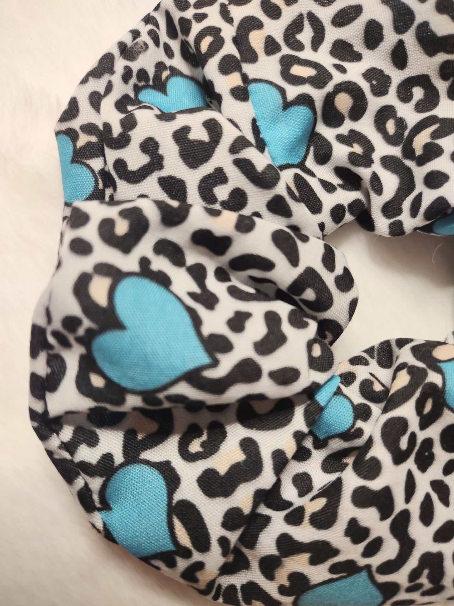 "Leopard Hearts" White Cotton Leopard Print Hair Scrunchie