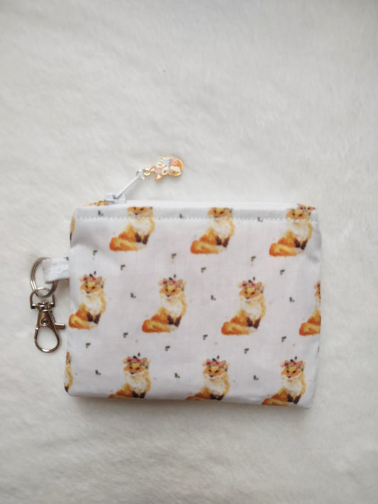 "Foxy Spring" White Cotton Fox Print Keychain Coin Purse