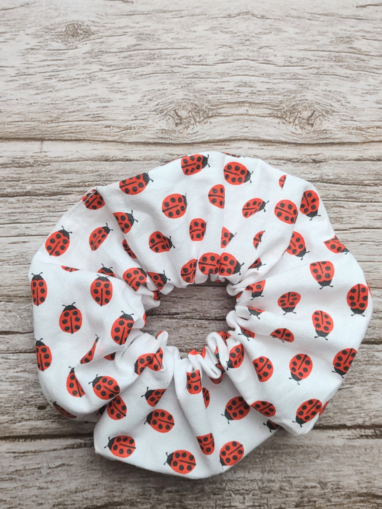 "Lady Bugs" White Cotton Ladybug Print Hair Scrunchie