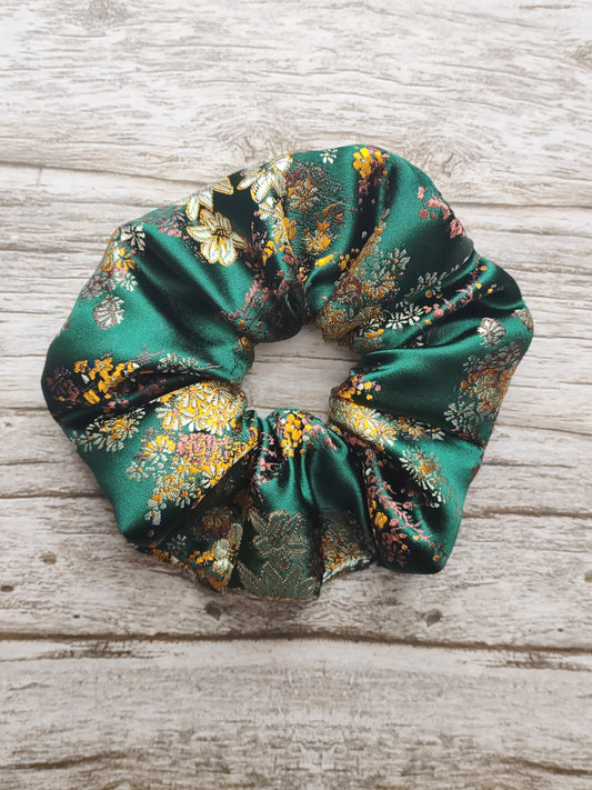 "Forest Floral" Satin Brocade Floral Print Hair Scrunchie