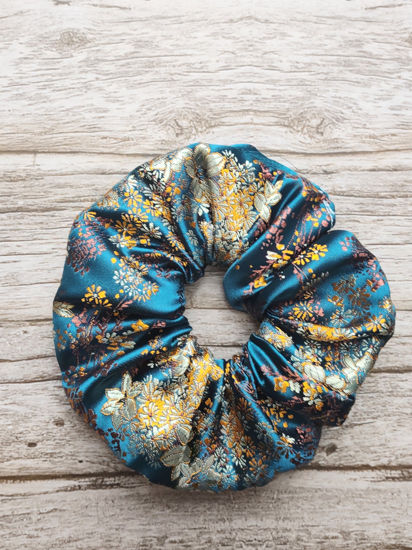 "Ocean Floral" Satin Brocade Teal Blue Floral Print Hair Scrunchie