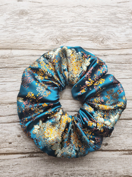 "Ocean Floral" Satin Brocade Teal Blue Floral Print Hair Scrunchie
