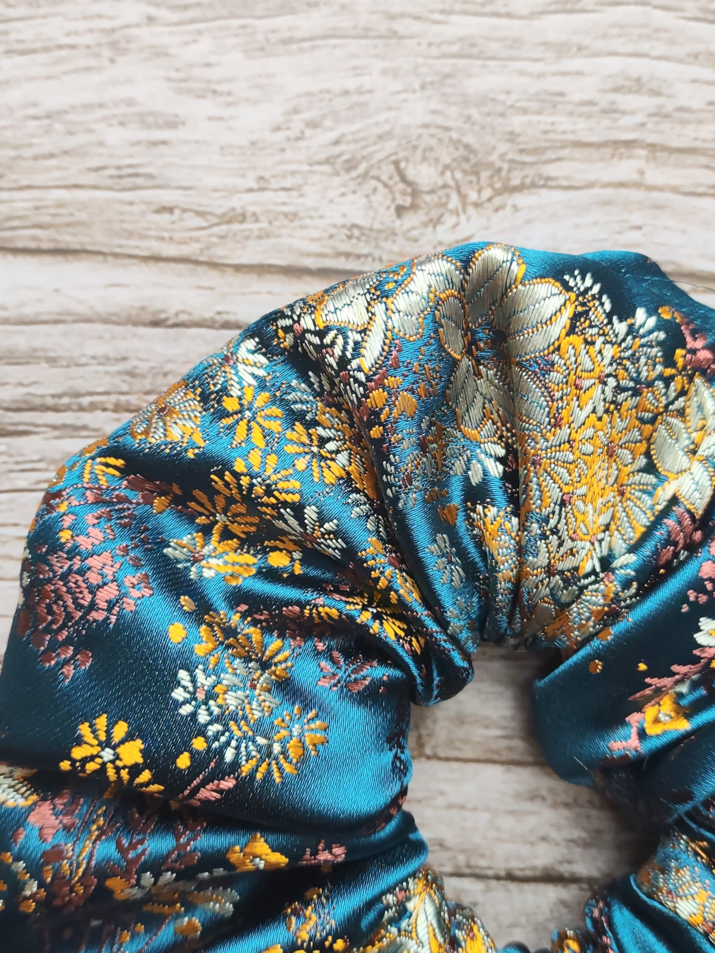 "Ocean Floral" Satin Brocade Teal Blue Floral Print Hair Scrunchie