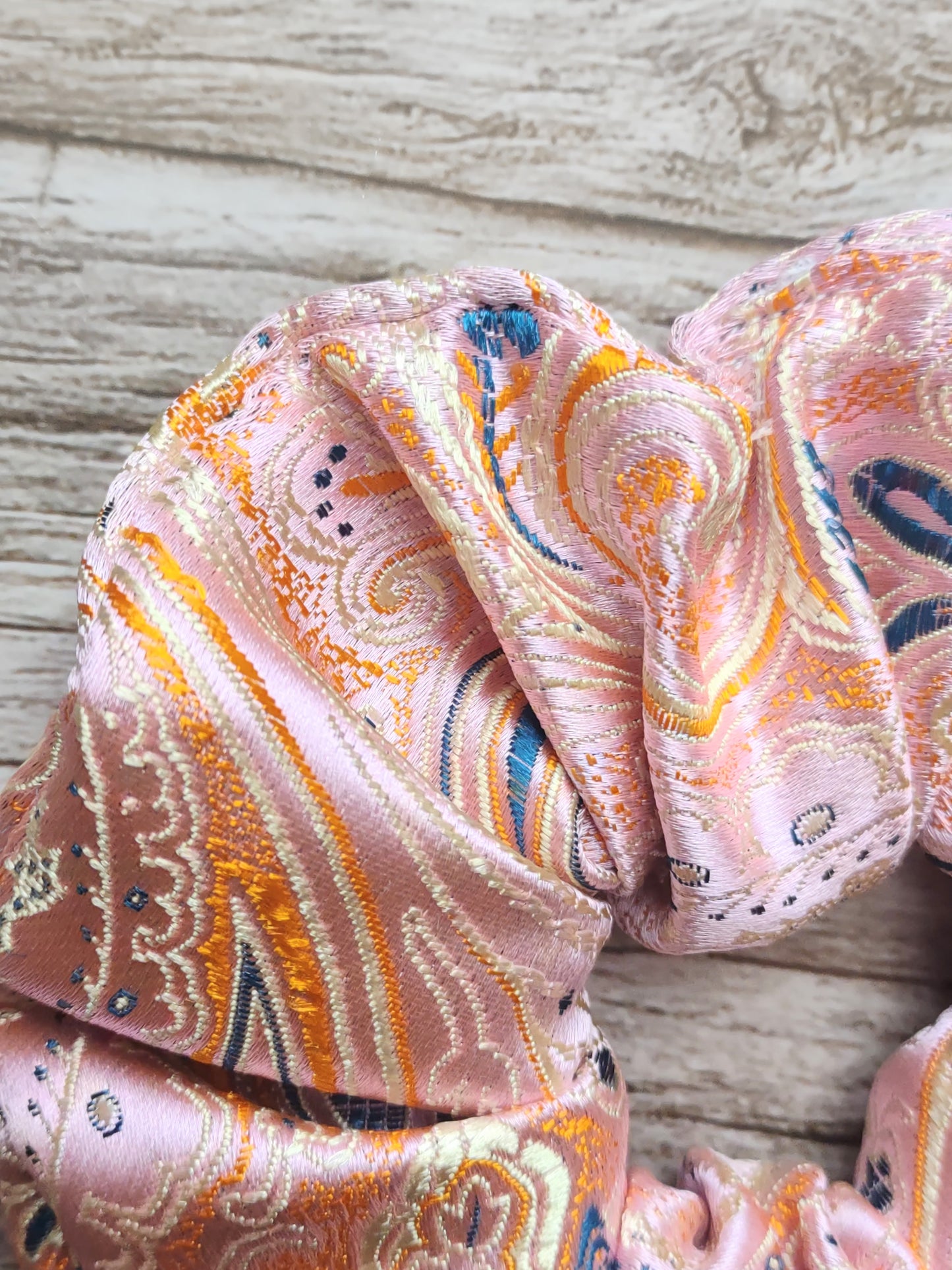"Pastel Paisley" Satin Brocade Light Pink Paisley Print Hair Scrunchie