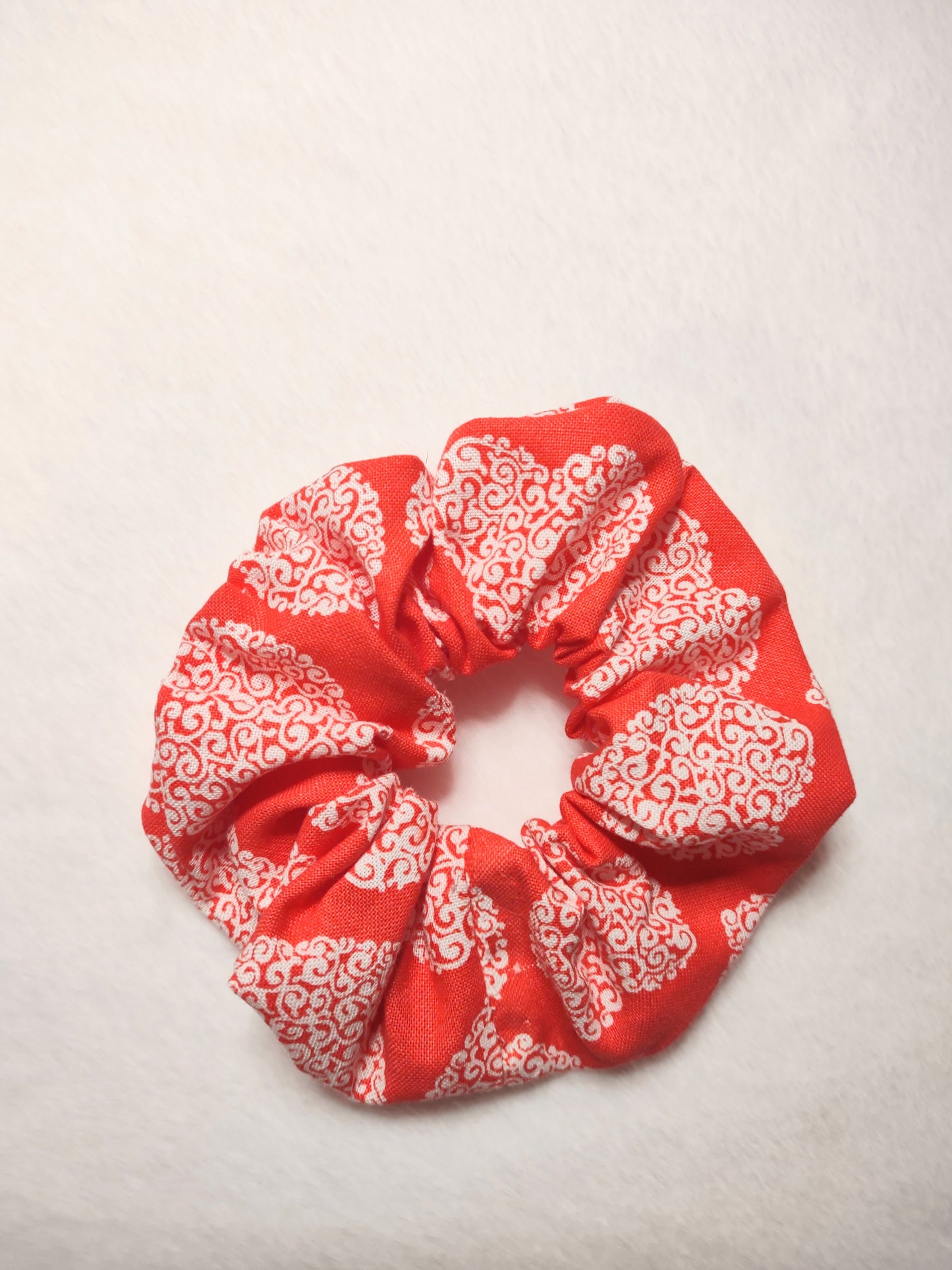 "Heart Scrolls" Red and White Hair Scrunchie