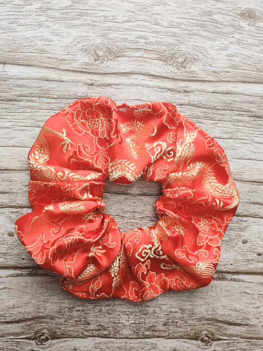 "Rudy Dragon" Satin Brocade Red and Gold Dragon Print Hair Scrunchie