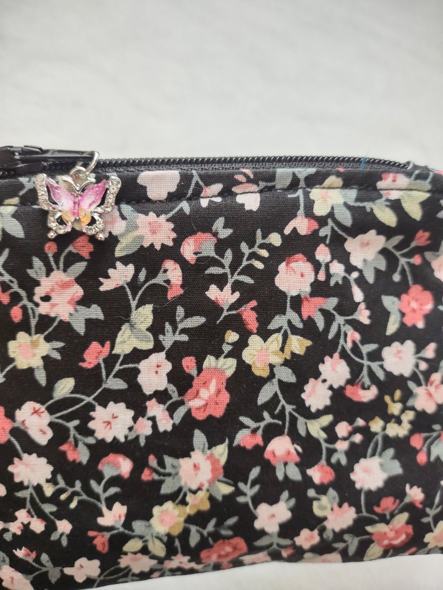 "Flower Garden" Black Cotton Floral Print Keychain Coin Purse