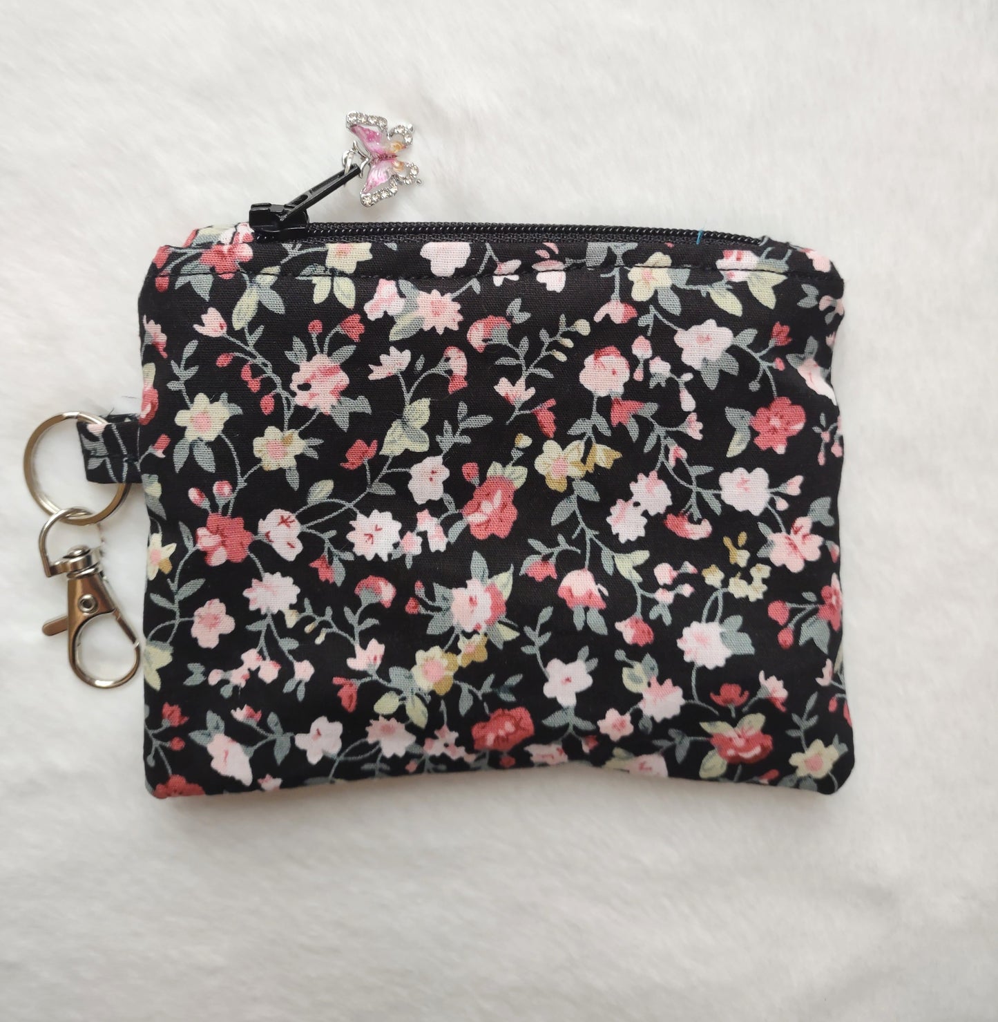 "Flower Garden" Black Cotton Floral Print Keychain Coin Purse