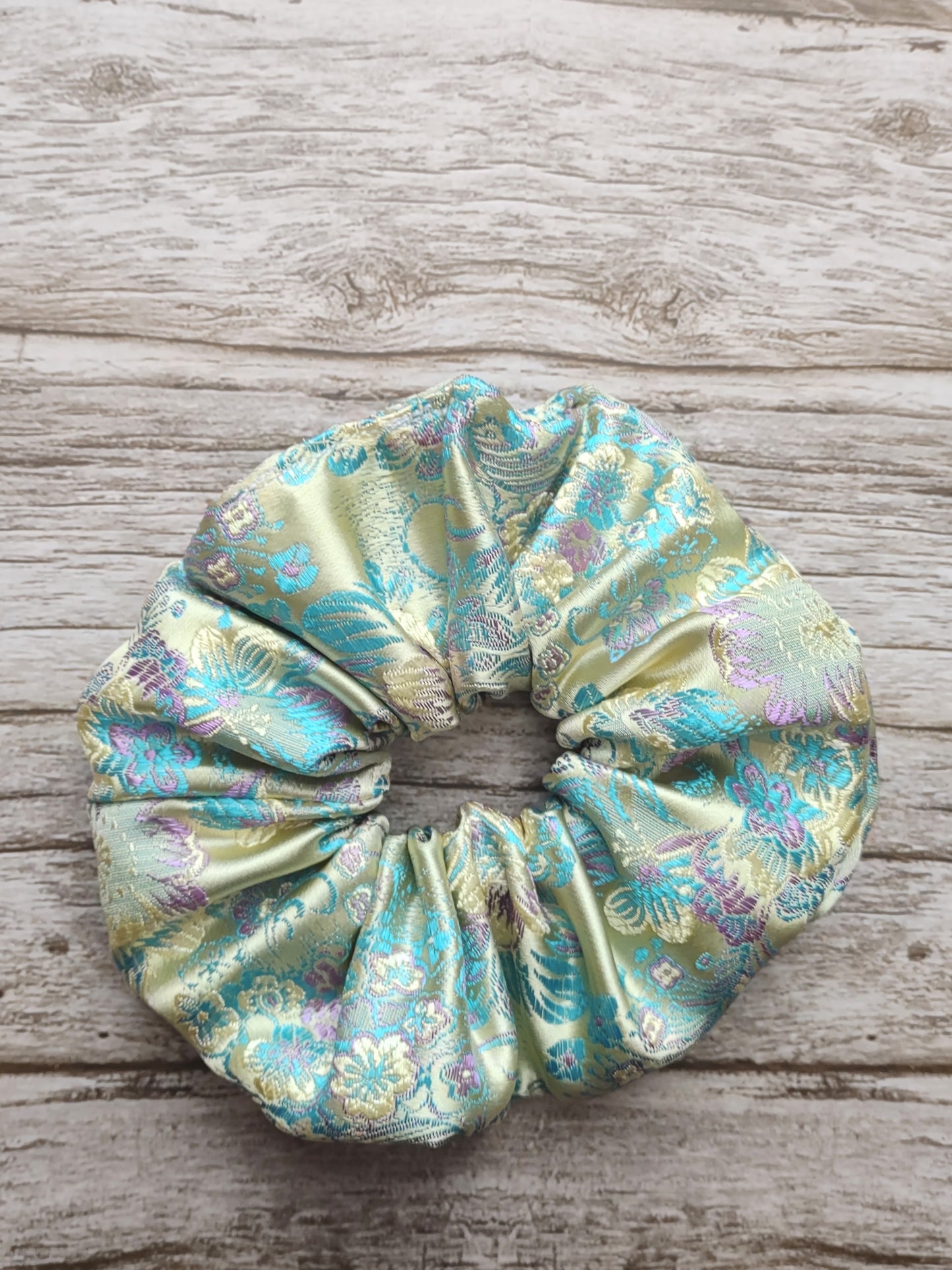 "Sunny Floral" Satin Brocade Light Yellow Floral Print Hair Scrunchie