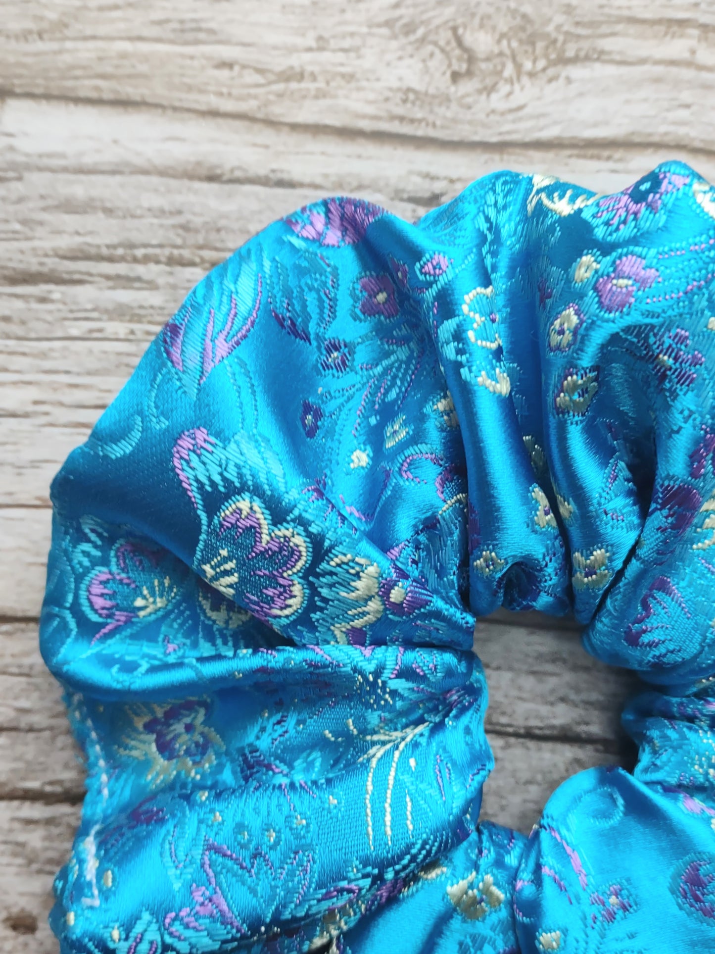 "Clear Skies Floral" Satin Brocade Teal Blue Floral Print Hair Scrunchie