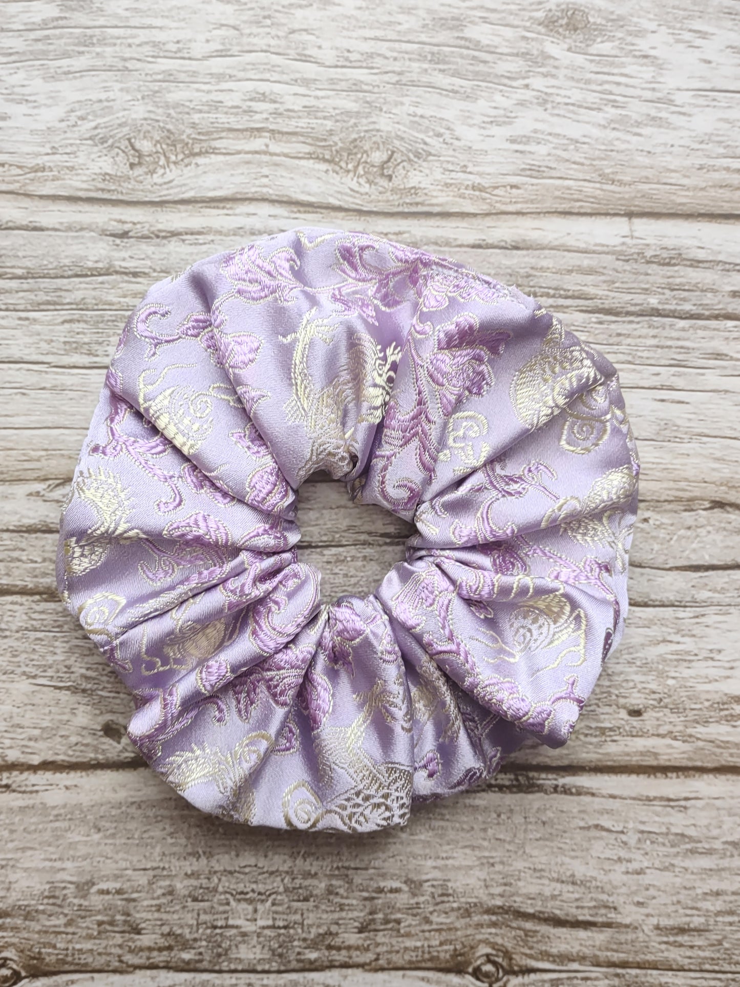 "Amethyst Dragon" Satin Brocade Lilac Purple Drogon Print Hair Scrunchie