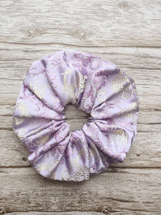 "Amethyst Dragon" Satin Brocade Lilac Purple Drogon Print Hair Scrunchie
