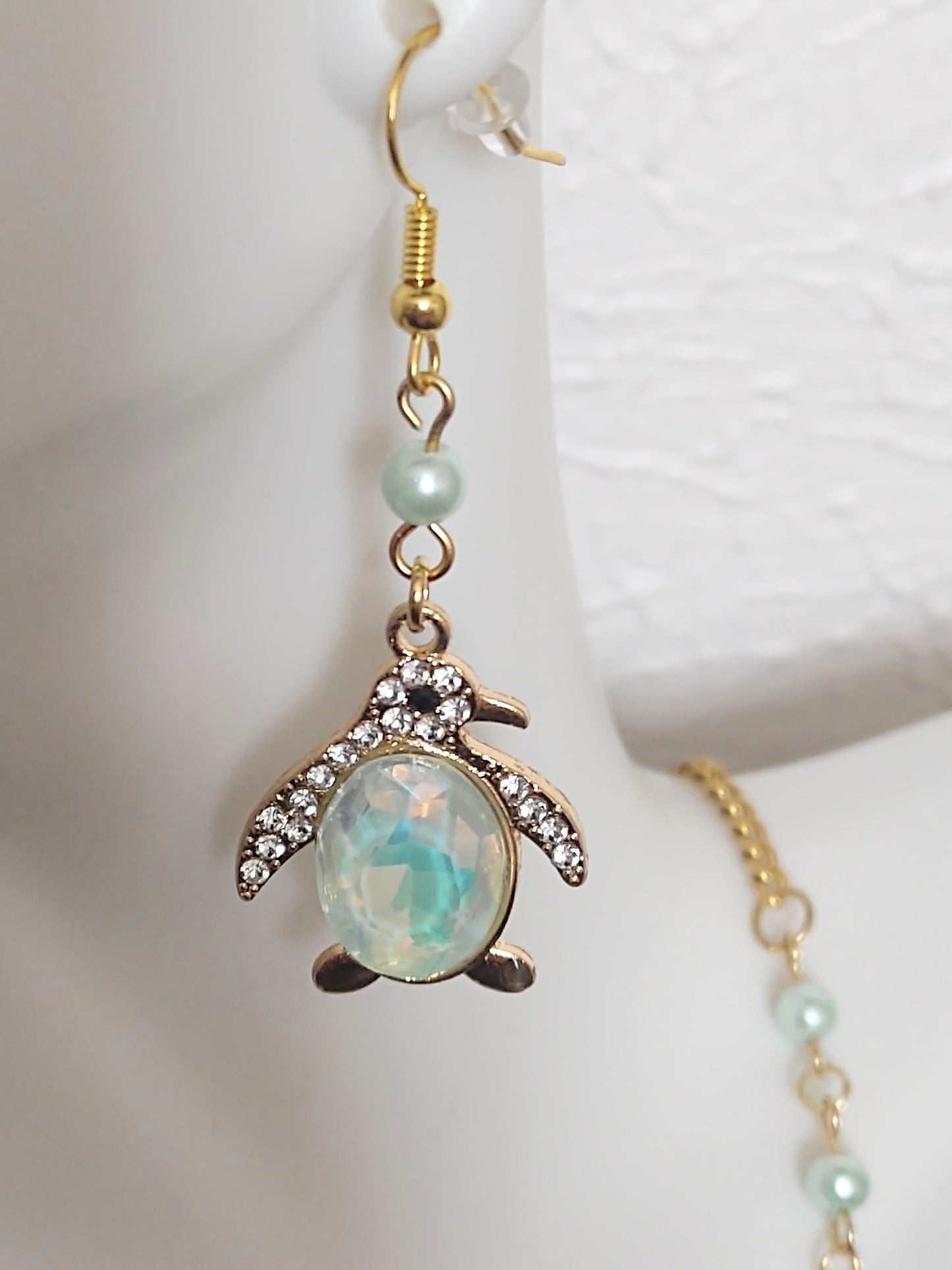 "Winter Mint" Gold Stainless Steel Penguin Earrings