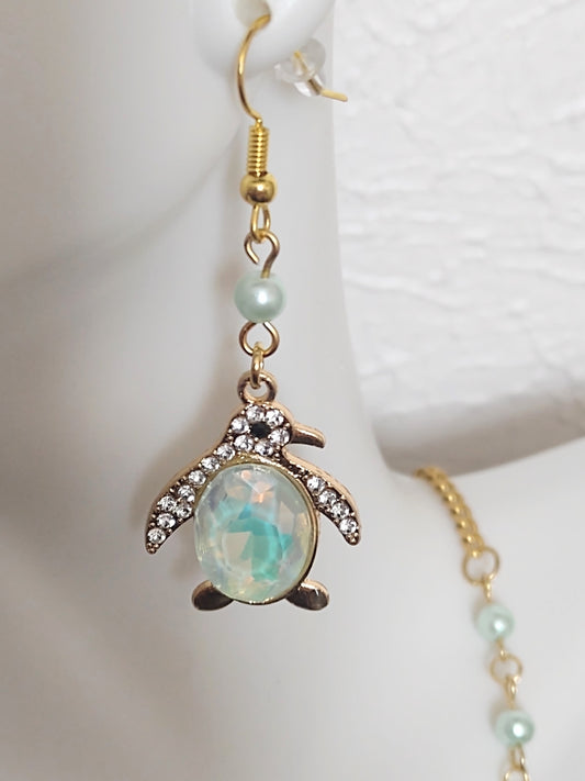 "Winter Mint" Gold Stainless Steel Penguin Earrings