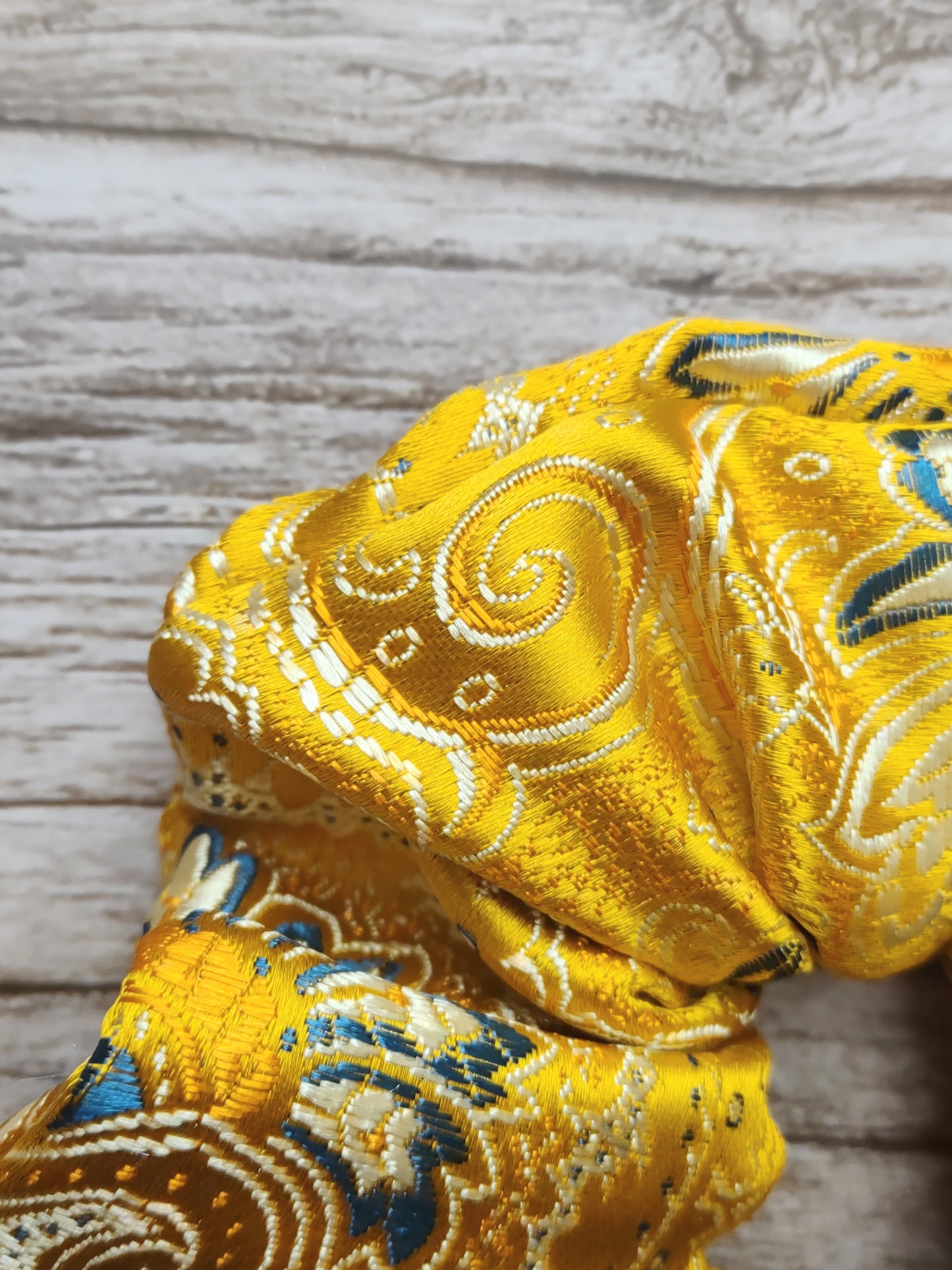 "Sunny Paisley" Satin Brocade Yellow Paisley Print Hair Scrunchie
