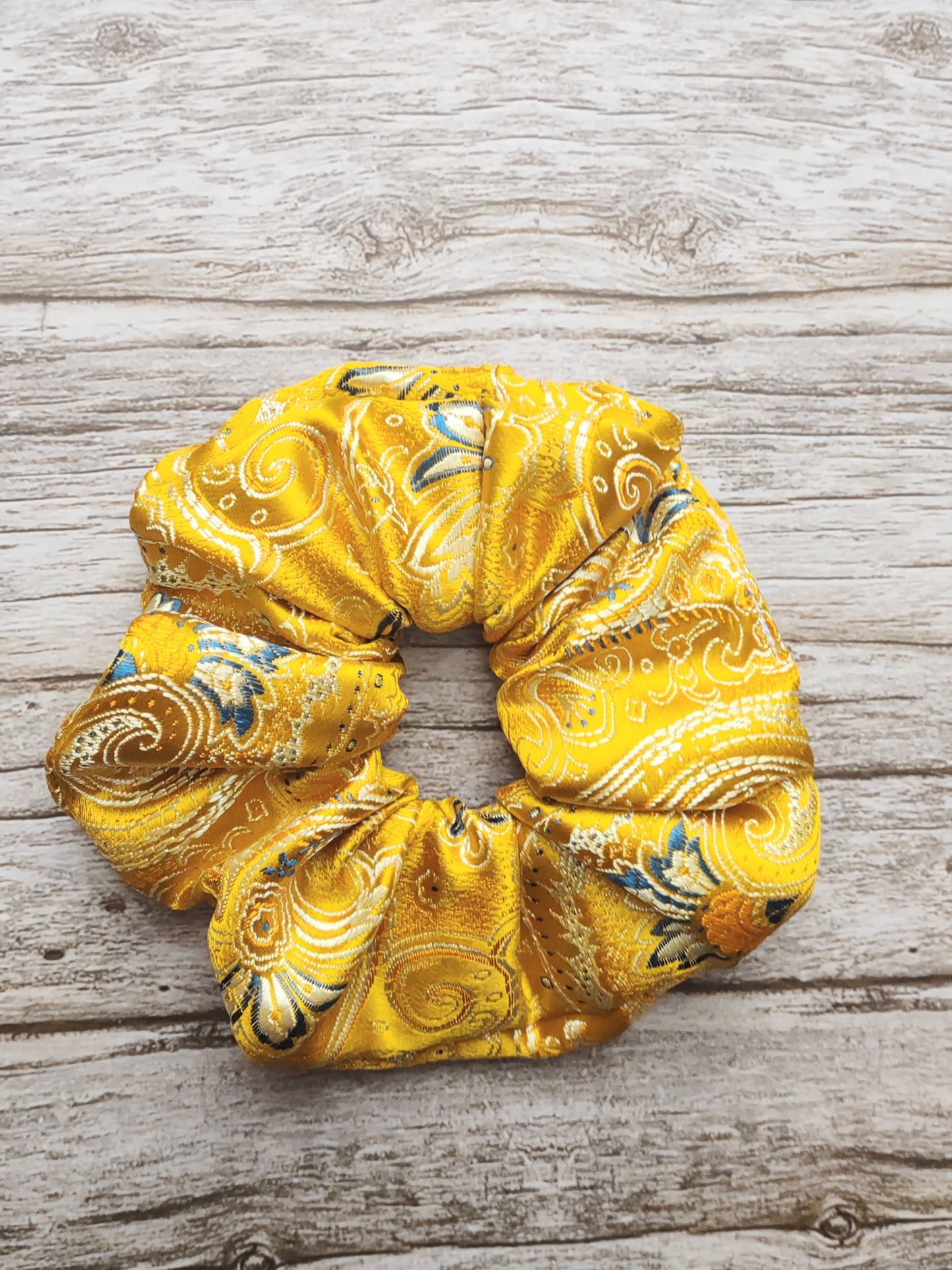 "Sunny Paisley" Satin Brocade Yellow Paisley Print Hair Scrunchie