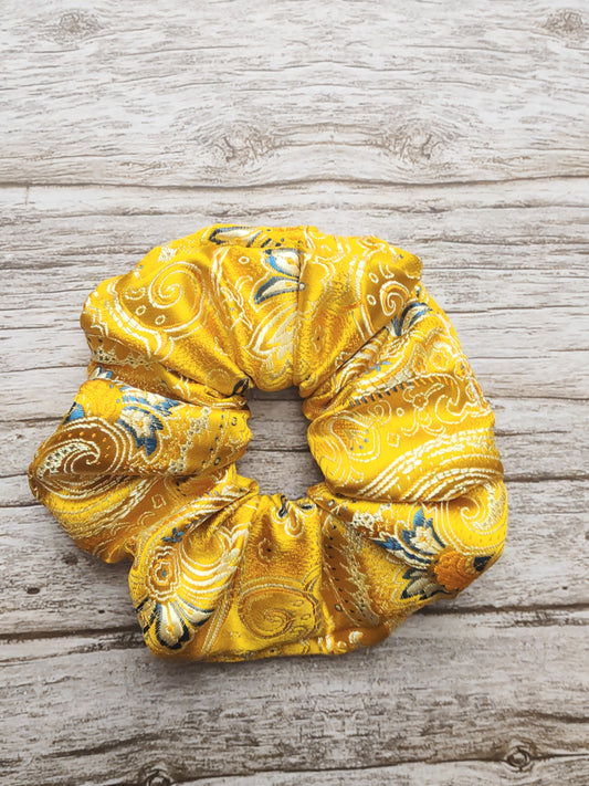 "Sunny Paisley" Satin Brocade Yellow Paisley Print Hair Scrunchie